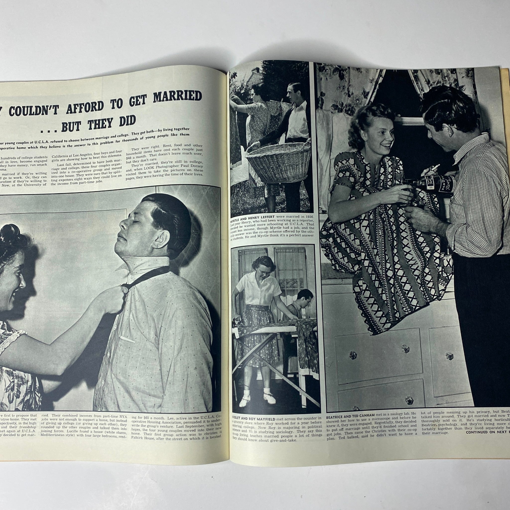 Interior spread of Look Magazine June 18, 1940, showcasing a feature titled 'Couldn’t Afford to Get Married…But They Did', with images of couples in various situations.