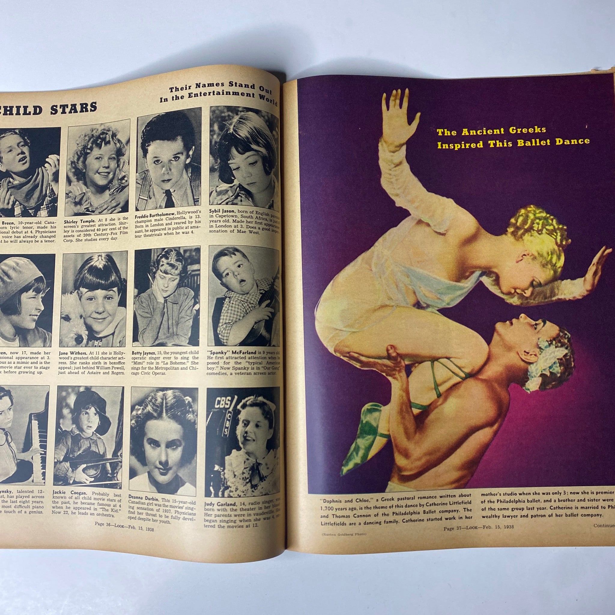 Inside spread of Look Magazine February 15, 1938 highlighting child stars in entertainment and a ballet dance inspired by ancient Greeks.