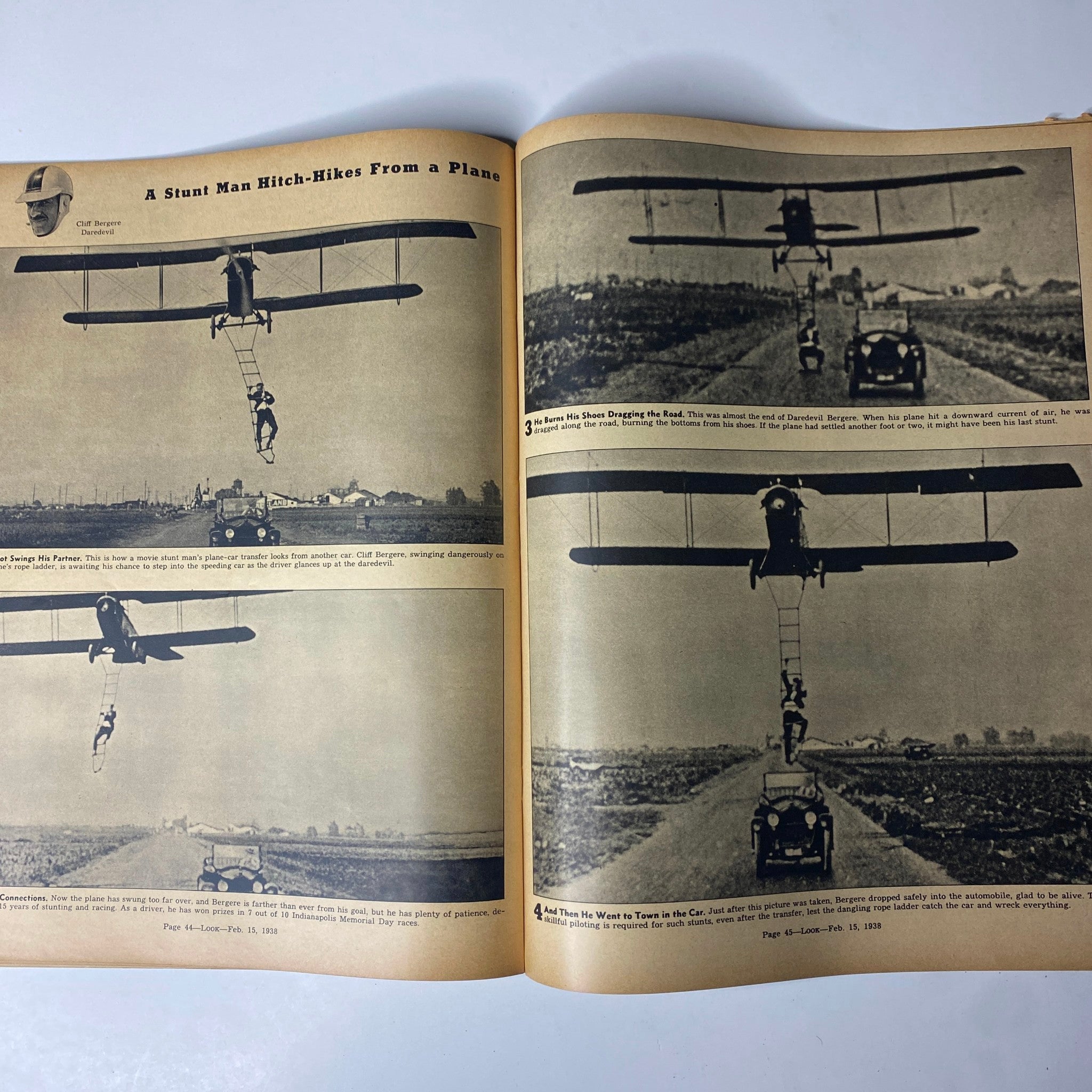 Another interior page of Look Magazine February 15, 1938 showcasing a stunt man hitch-hiking from a plane, illustrating daring feats and adventure.