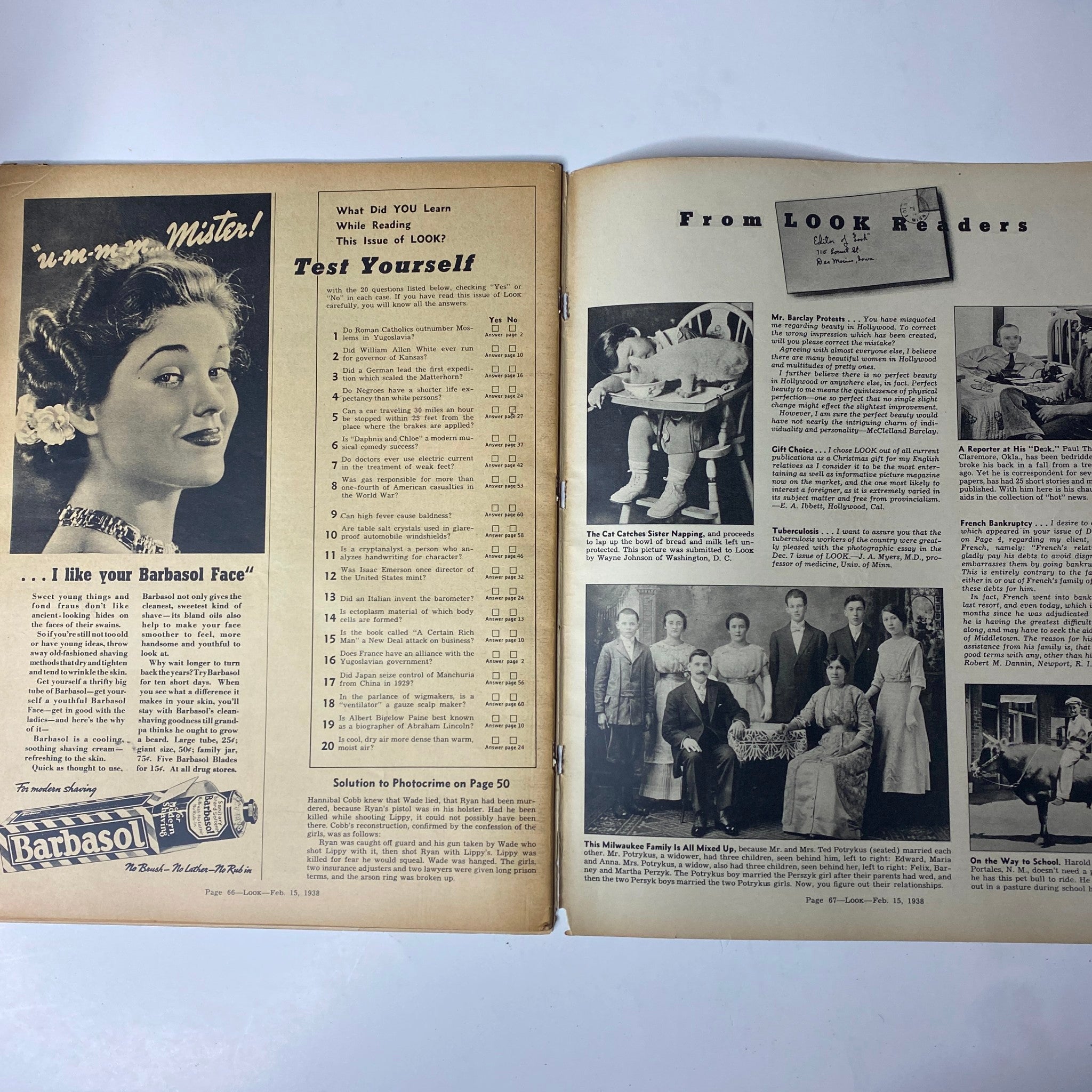 A concluding page from Look Magazine February 15, 1938 featuring reader interactions and advertisements for Barbasol and articles related to family and life.