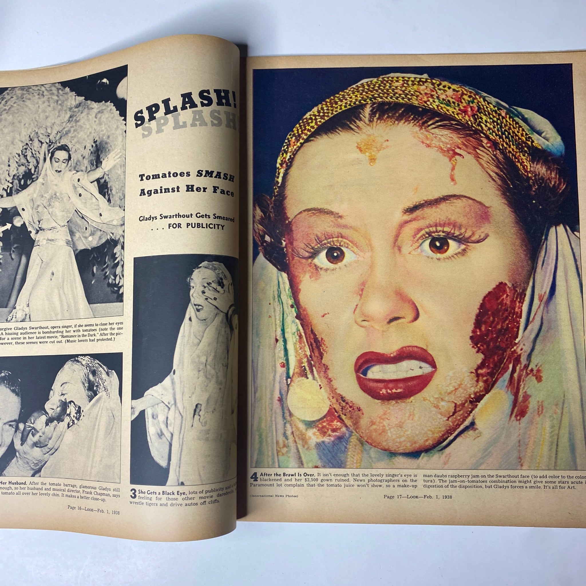 Page from Look Magazine February 1, 1938 depicting a dramatic image of Gladys Swarthout covered in tomatoes, illustrating publicity stunts in Hollywood, surrounded by related articles and imagery.