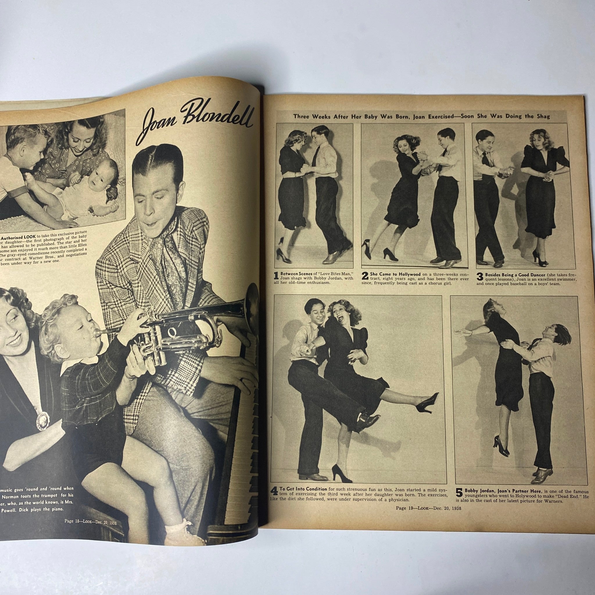 Featured article in Look Magazine December 20, 1938 titled 'Joan Blondell', highlighting her experiences and reflections three weeks after becoming a mother.