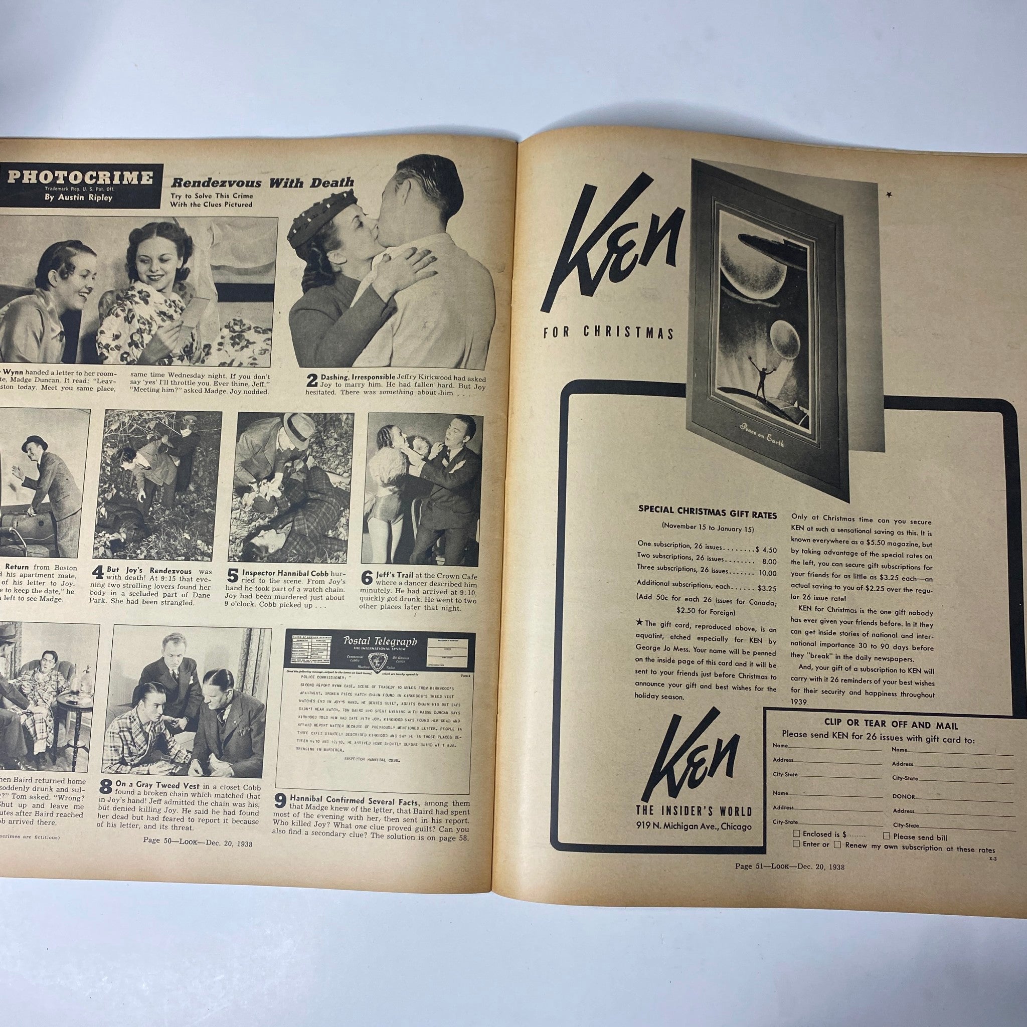 Page from Look Magazine December 20, 1938 showcasing a photo story titled 'Photocrime: Rendezvous With Death', illustrating various scenes related to crime and intrigue.