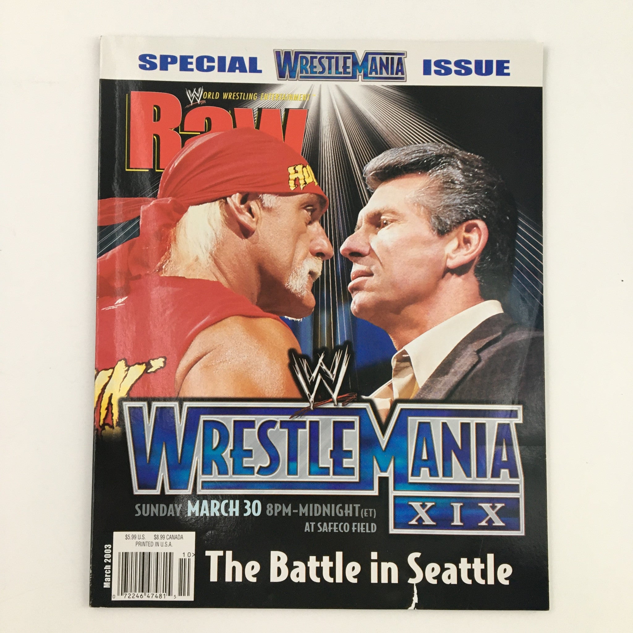 WWE Raw Magazine March 2003 featuring Hulk Hogan vs Vince McMahon on the cover, promoting WrestleMania XIX. Highlighting the intense rivalry between two wrestling legends, this collectible magazine captures the essence of early 2000s WWE history.