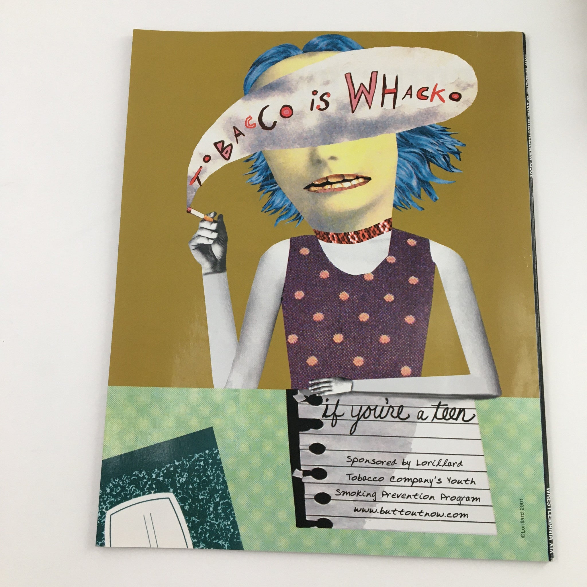 Back cover of WWE Raw Magazine March 2003 featuring an anti-smoking campaign illustration stating 'Tobacco is Whacko' with a stylized graphic design.