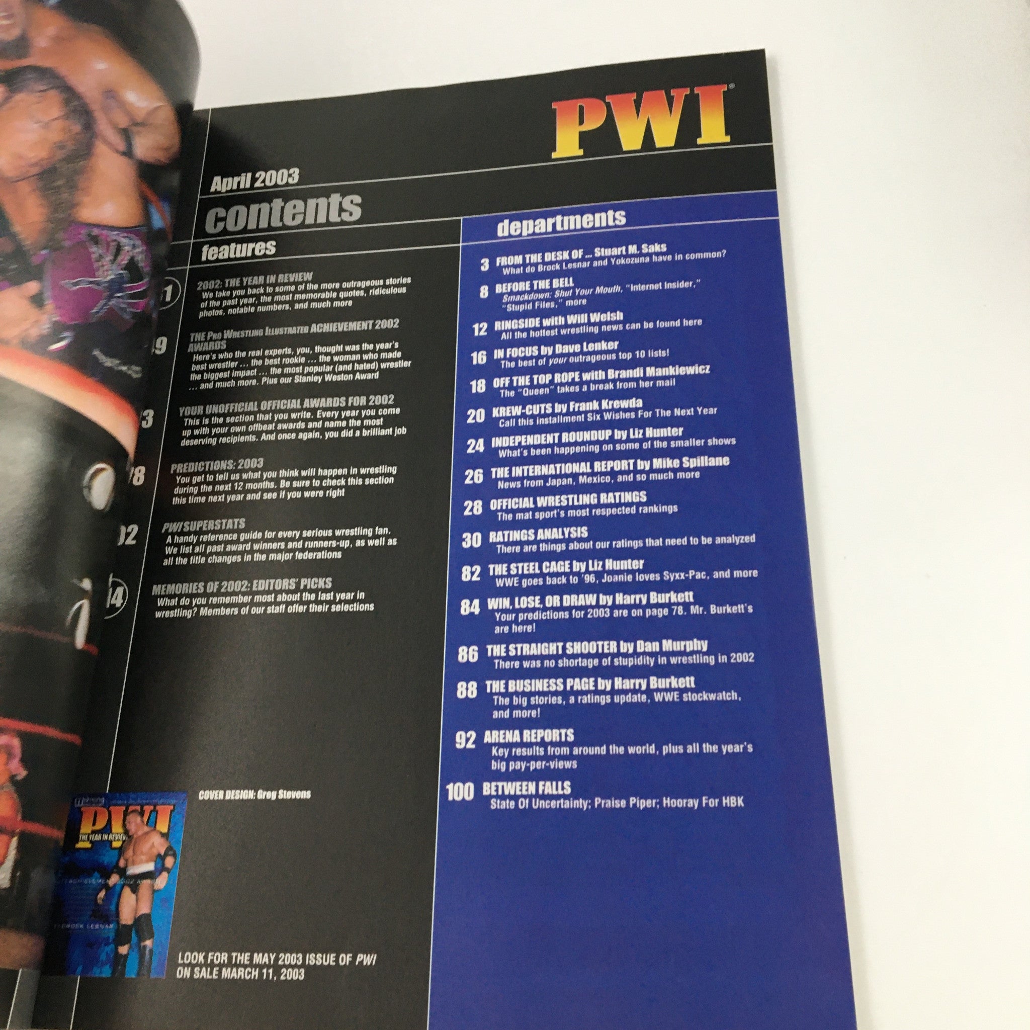 Inside page of Pro Wrestling Illustrated Magazine April 2003, displaying the contents section which outlines articles and features of the issue.