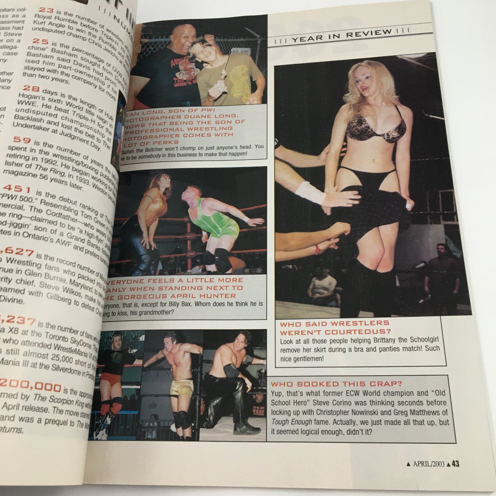 Year in Review section of Pro Wrestling Illustrated Magazine April 2003, featuring colorful images and highlights from wrestling matches.