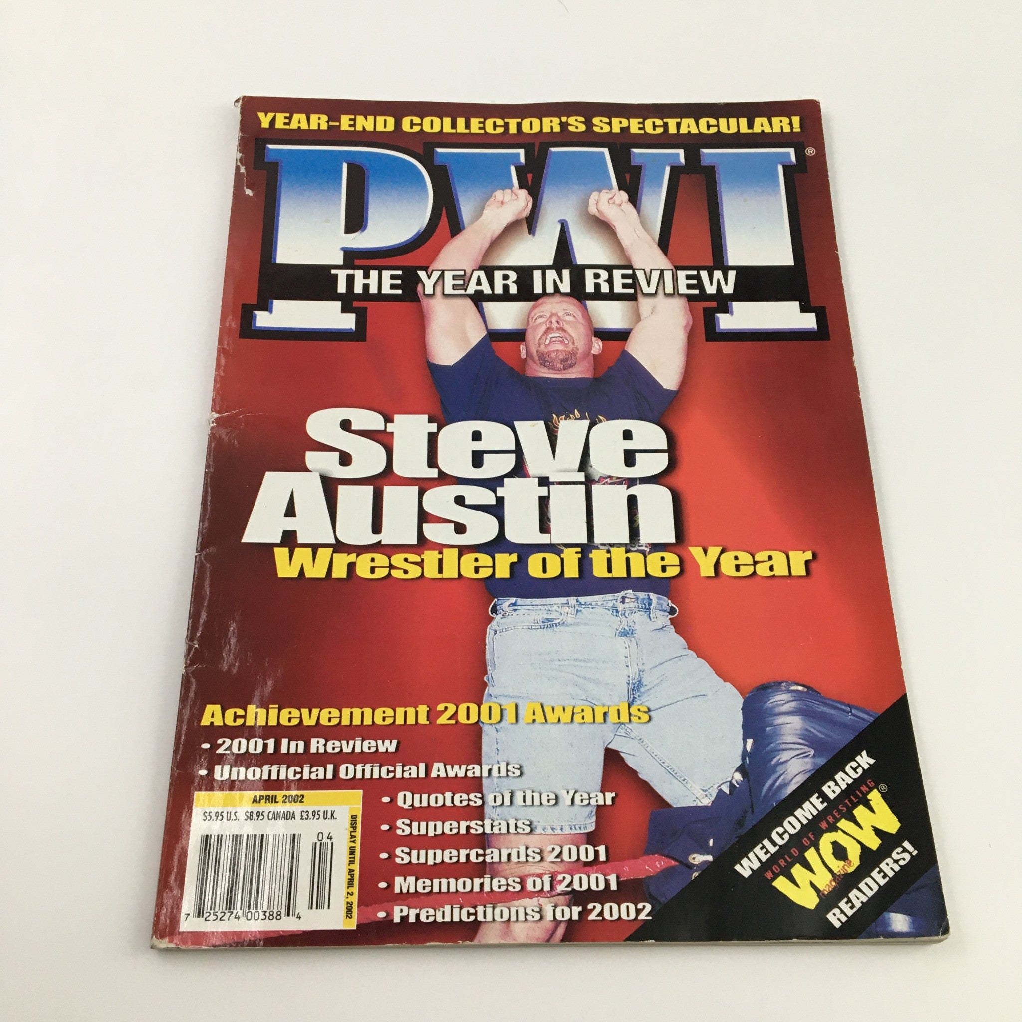 Pro Wrestling Illustrated Magazine April 2002 featuring Steve Austin on the cover, showcasing the headline 'Wrestler of the Year' with vibrant colors and action-packed imagery.