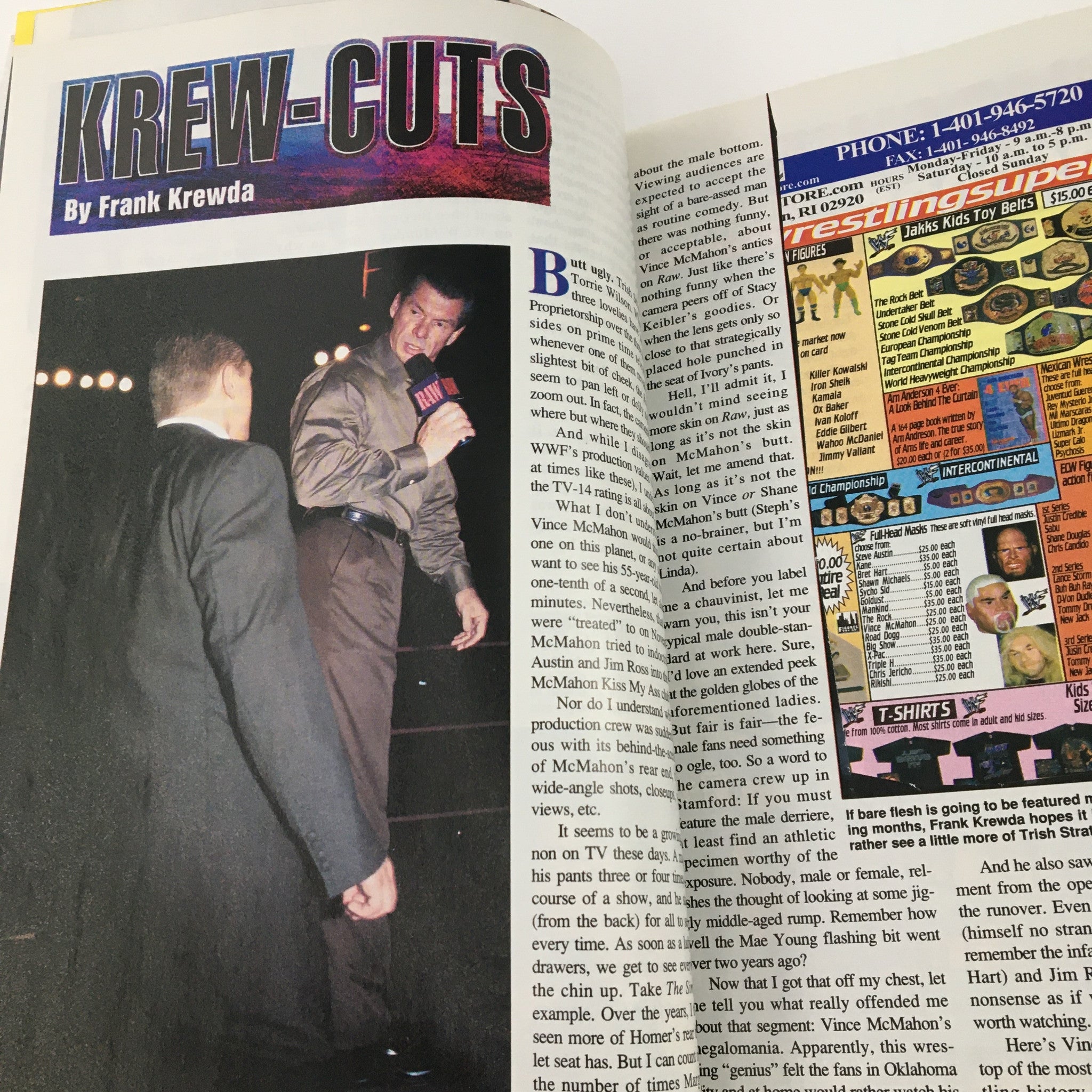 Article page from Pro Wrestling Illustrated Magazine April 2002 titled 'Krew-Cuts' featuring Frank Krewda writing with a photo of a wrestling interview.