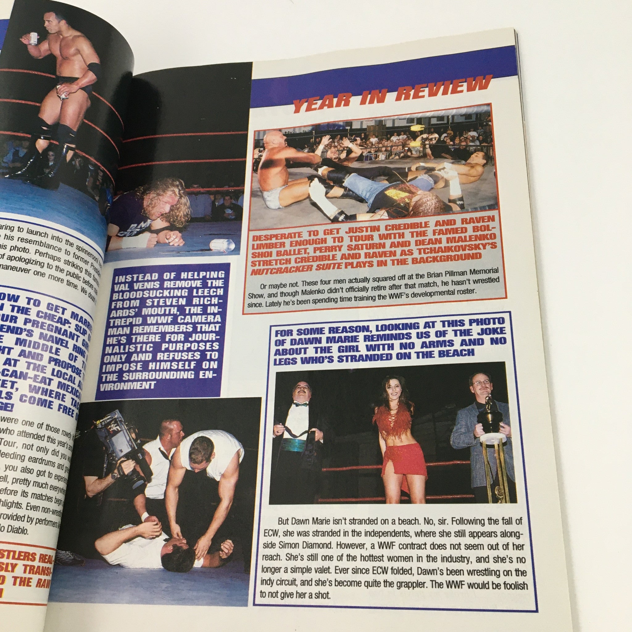 Year in Review page from Pro Wrestling Illustrated Magazine April 2002 highlighting specific wrestling moments and events in a humorous tone.