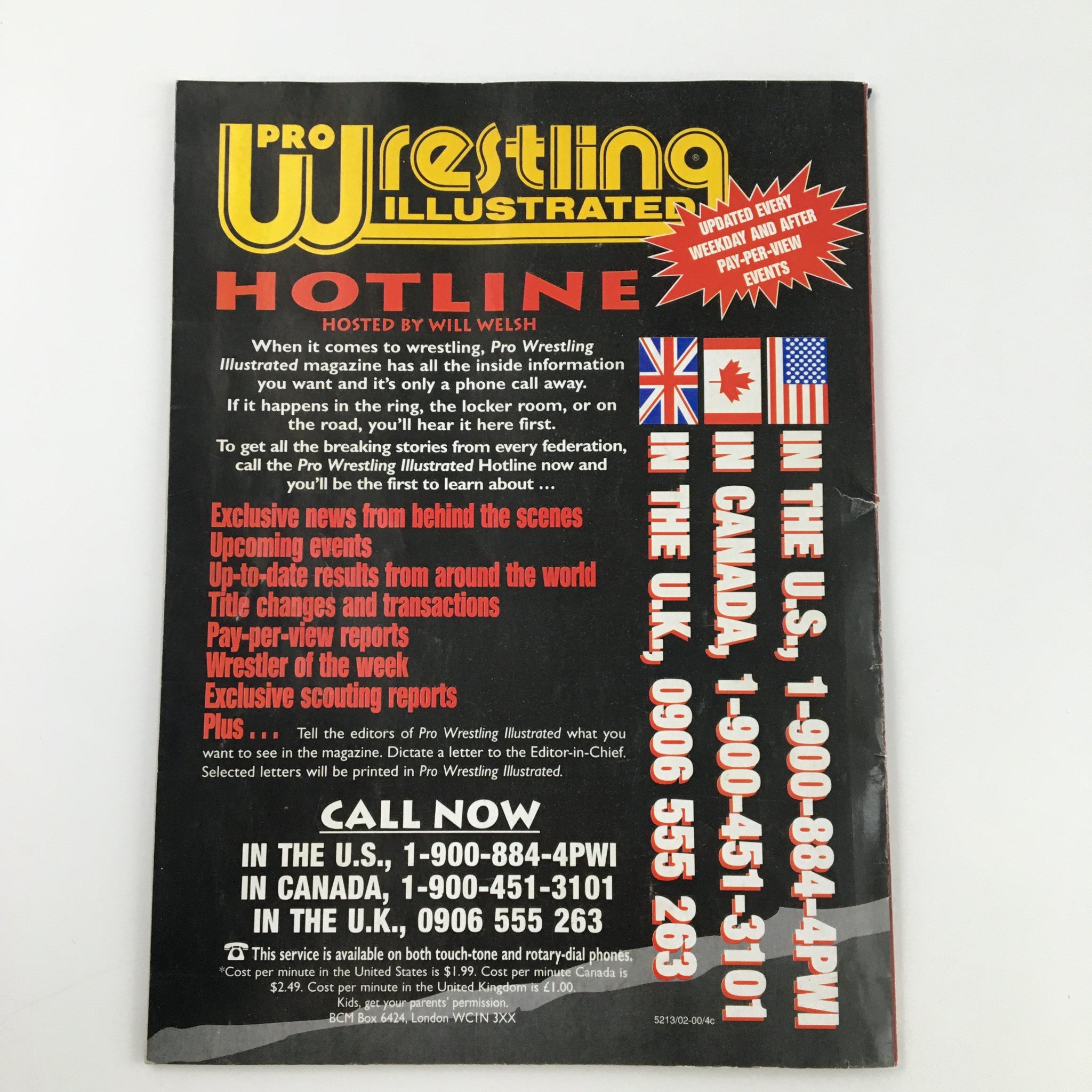 Back cover of Pro Wrestling Illustrated Magazine April 2002 promoting the magazine's hotline and exclusive content for wrestling fans.