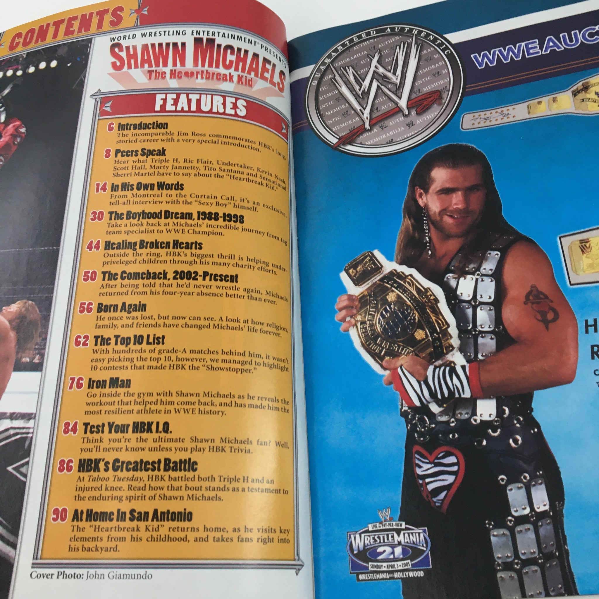 WWE Presents February 2005 Shawn Michaels The Heartbreak Kid magazine interior page displaying features, including an interview with Shawn Michaels and highlights of his career.