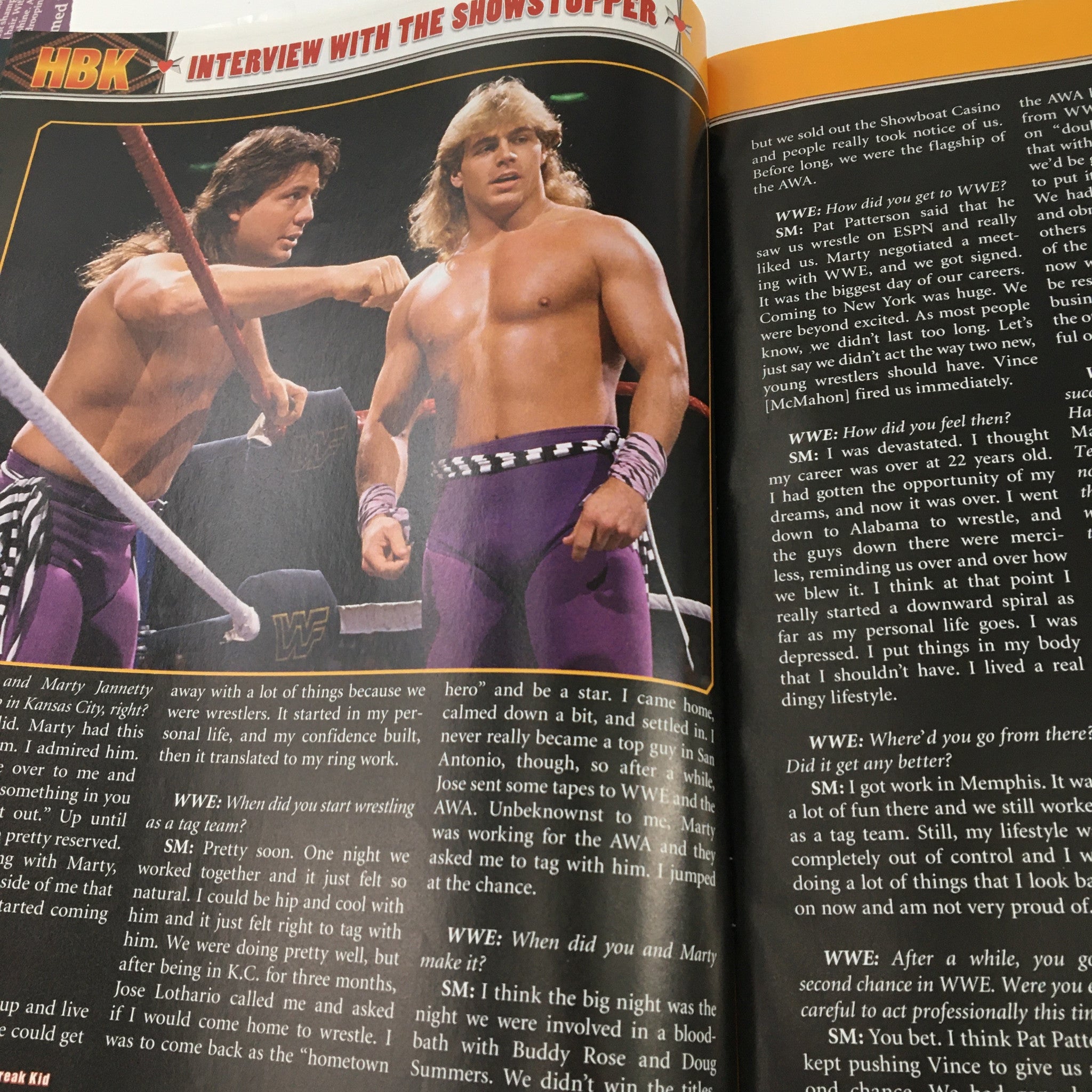 WWE Presents February 2005 Shawn Michaels The Heartbreak Kid magazine interior page featuring an interview with Shawn discussing his early career and experiences in wrestling.