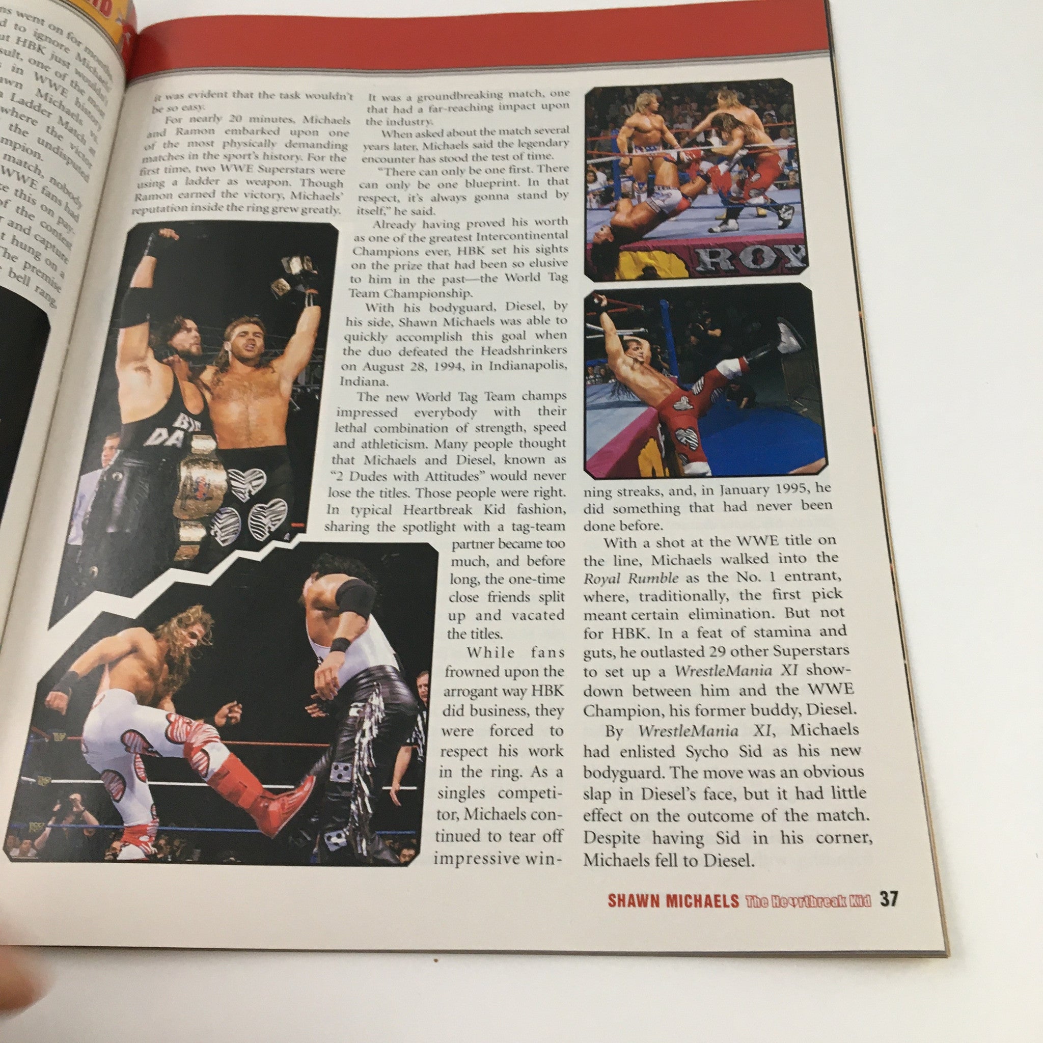 WWE Presents February 2005 Shawn Michaels The Heartbreak Kid magazine interior page showcasing action shots and highlights of Shawn Michaels' wrestling matches.