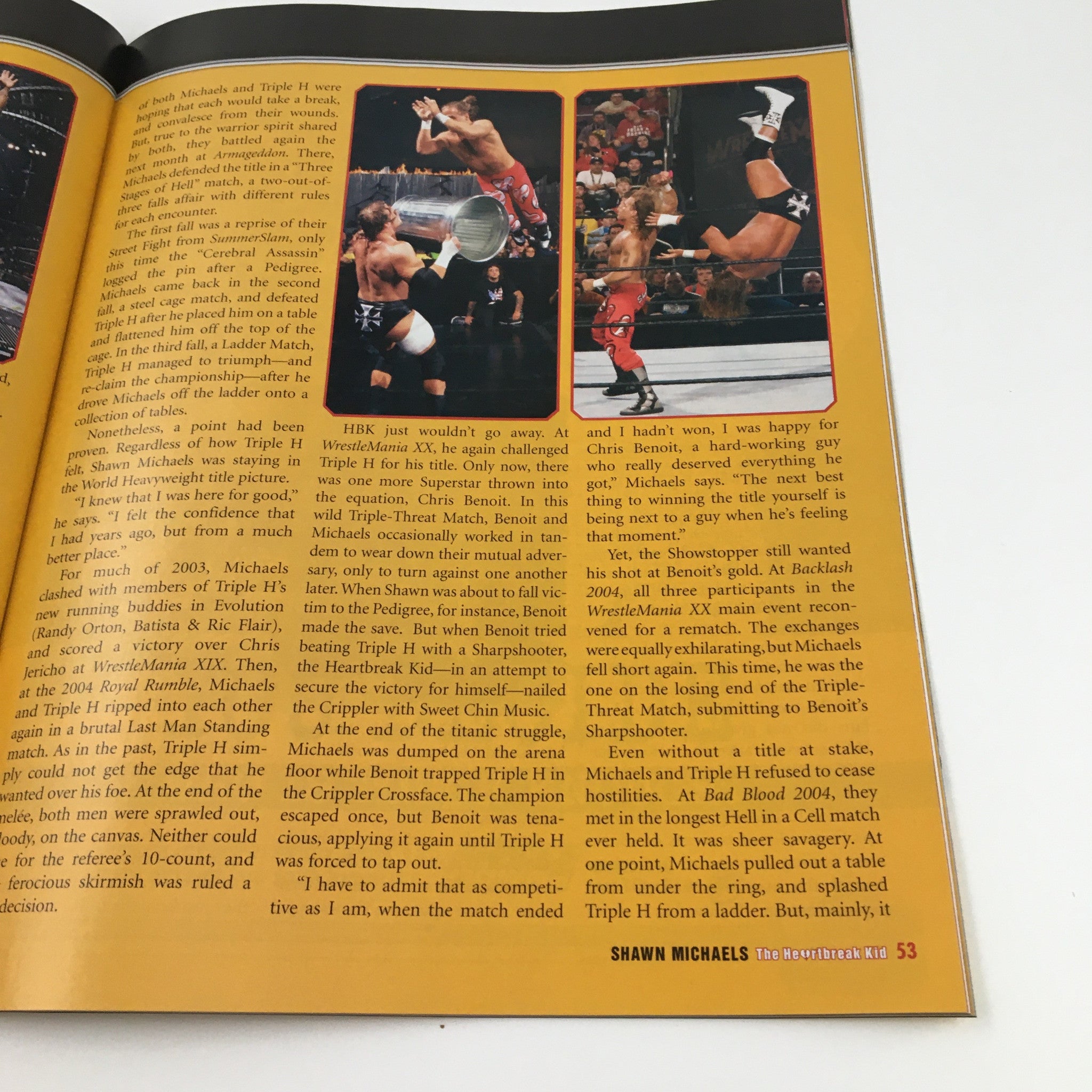 WWE Presents February 2005 Shawn Michaels The Heartbreak Kid magazine interior page outlining significant moments in Shawn Michaels' wrestling career.