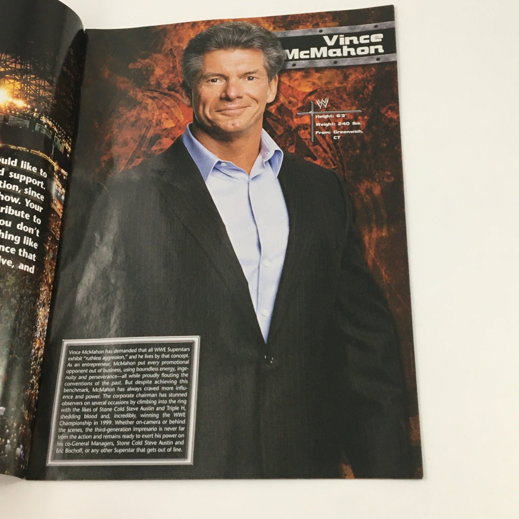 Interior page of WWE Raw Magazine 2003 featuring Vince McMahon, detailing his impact on professional wrestling and his role as a significant character in WWE. This page celebrates his contributions to the industry.