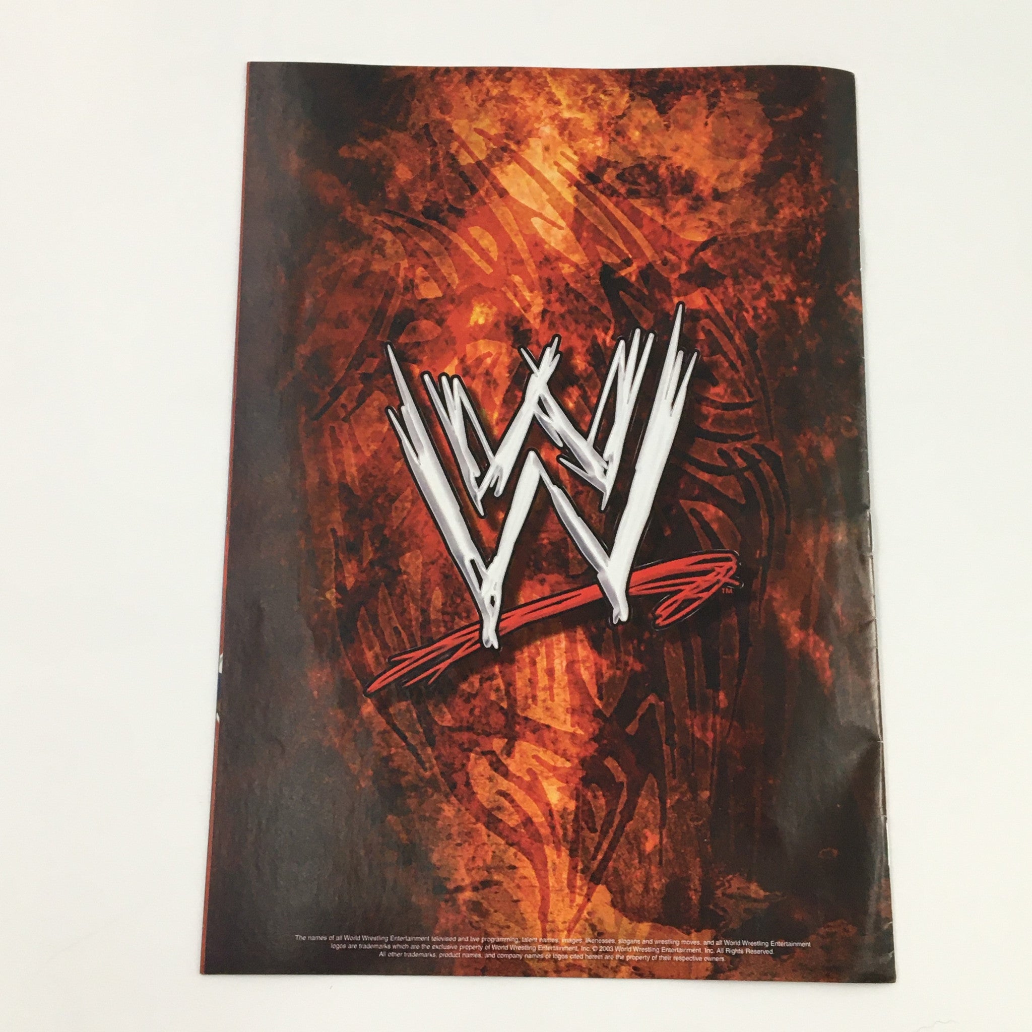 Back cover of WWE Raw Magazine 2003 featuring the distinctive WWE logo against a fiery background, emphasizing the magazine's connection to professional wrestling heritage.