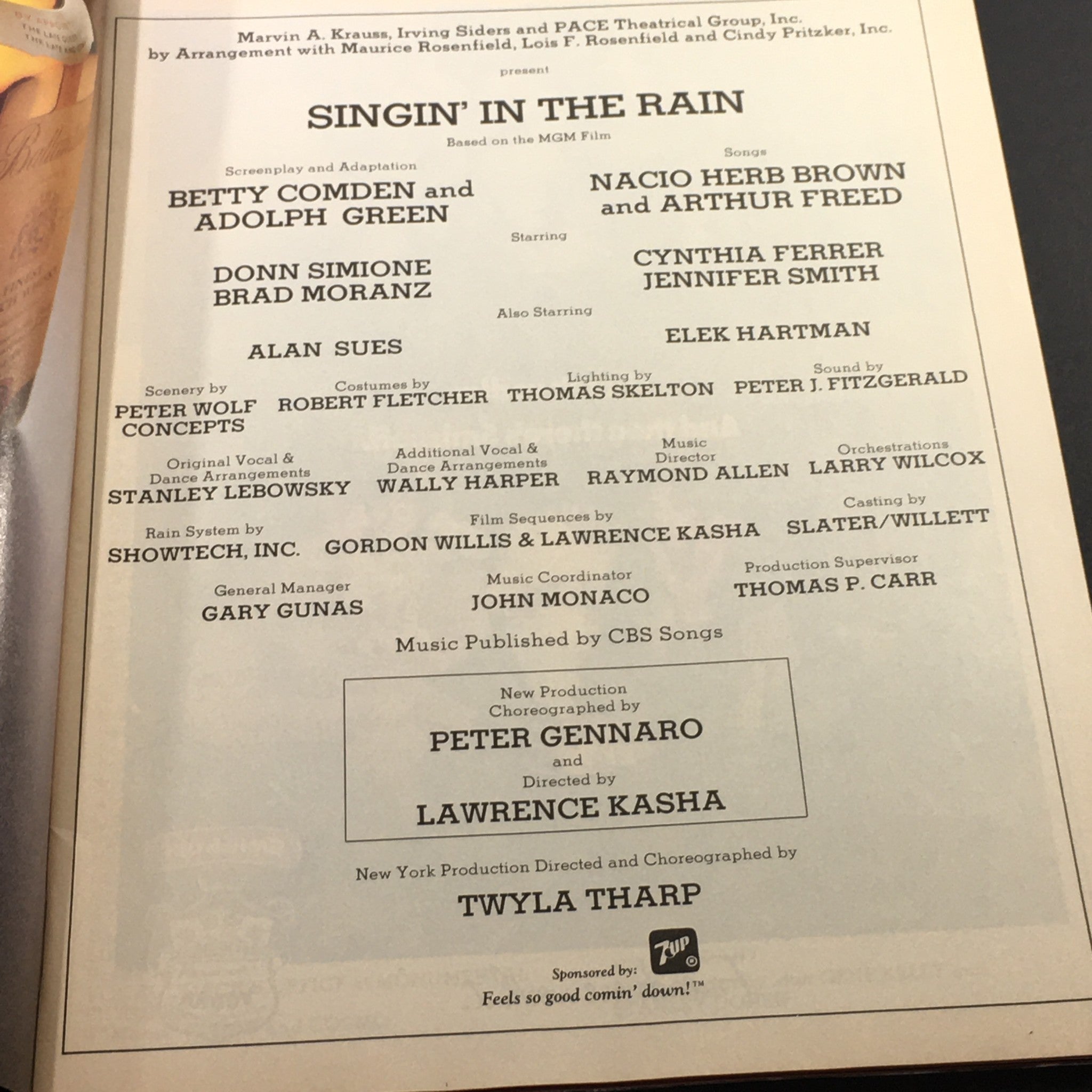 Inside page of the Vintage Performance Theatre Magazine, July-August 1986, listing the cast and crew for 'Singin' in the Rain' Broadway production.