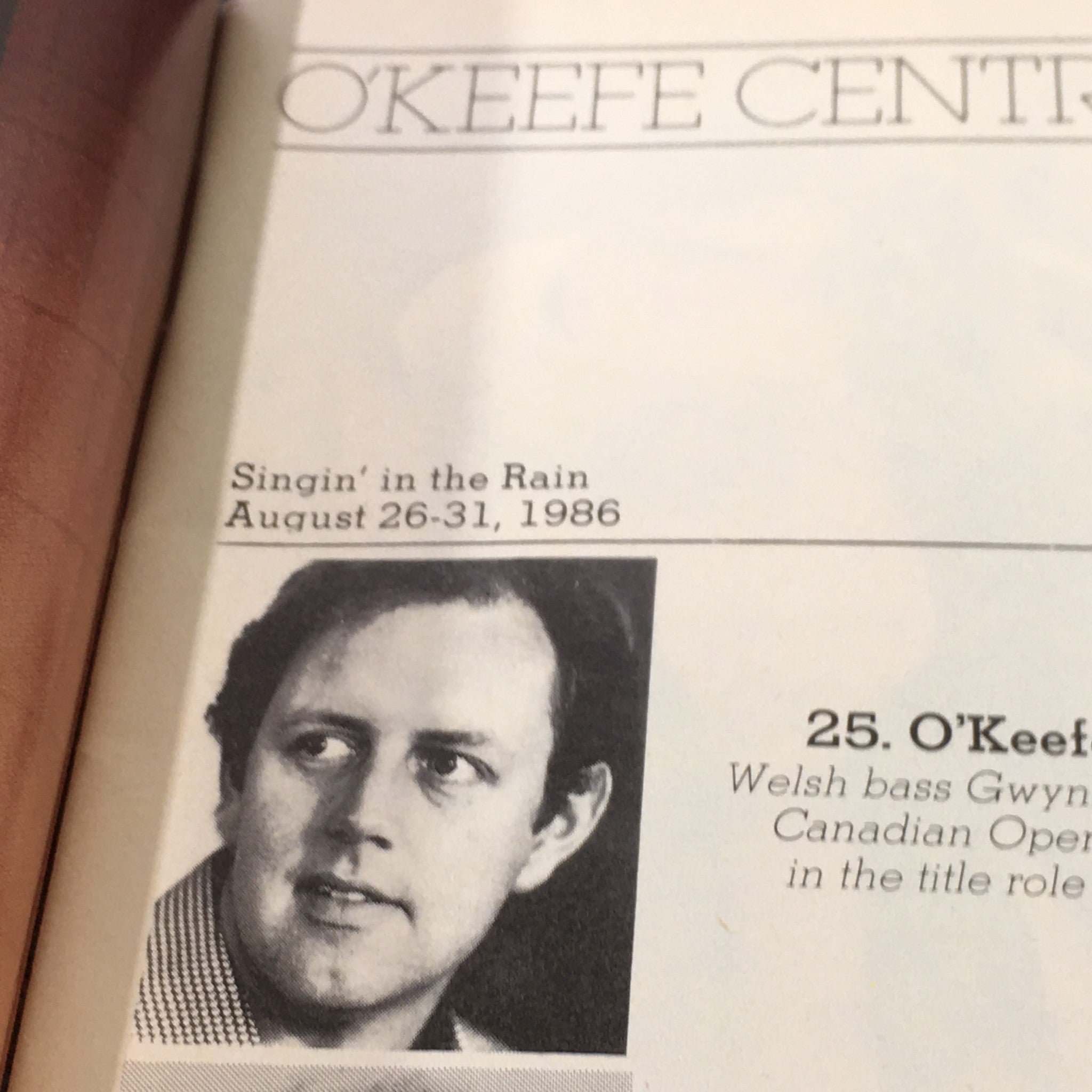 Interior page from the VTG Performance Theatre Magazine July-August 1986 featuring Singin' in the Rain, showcasing an actor profile and event details.
