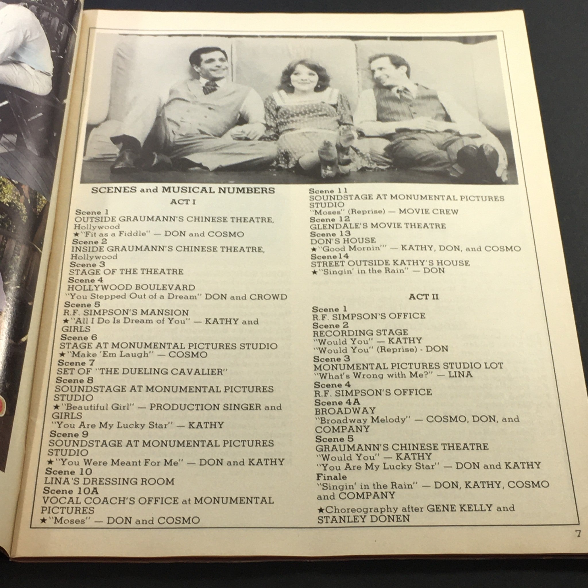 Scene listing from the VTG Performance Theatre Magazine July-August 1986, detailing musical numbers from the Singin' in the Rain Broadway production.