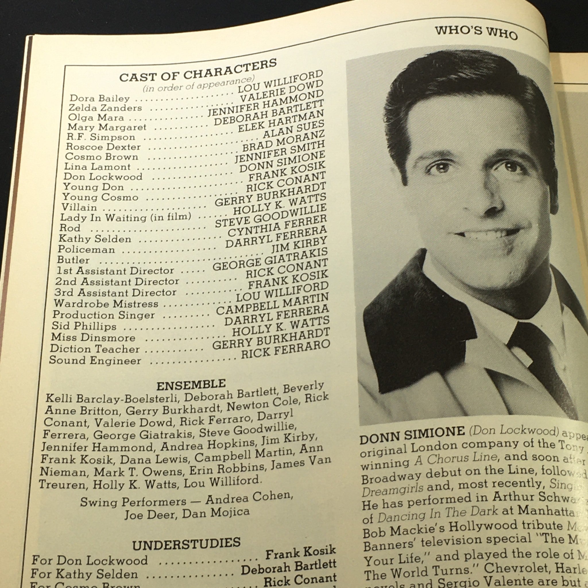 Cast of characters page from the VTG Performance Theatre Magazine July-August 1986, highlighting the team involved in the Singin' in the Rain Broadway production.