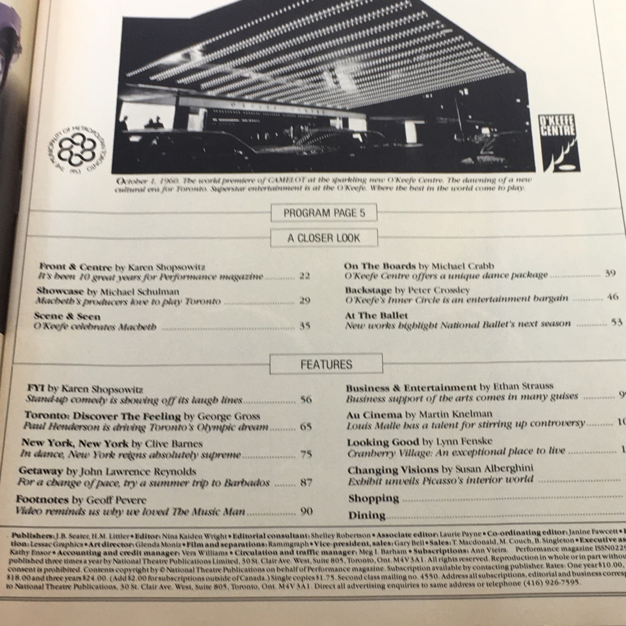 Inside page of the VTG Performance Theatre Magazine August 23-September 4 1988 featuring program details and articles related to the production 'Man of La Mancha'.