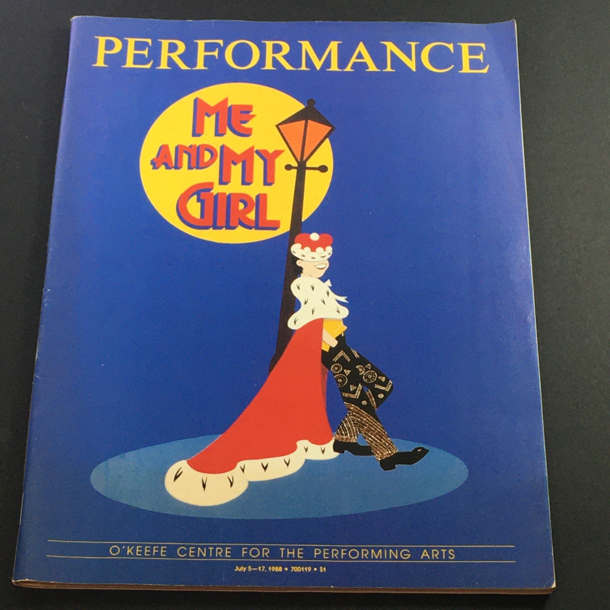 Cover of VTG Performance Theatre Magazine highlighting the production 'Me and My Girl', dated July 5-17, 1988, featuring vibrant colors and artistic illustration.