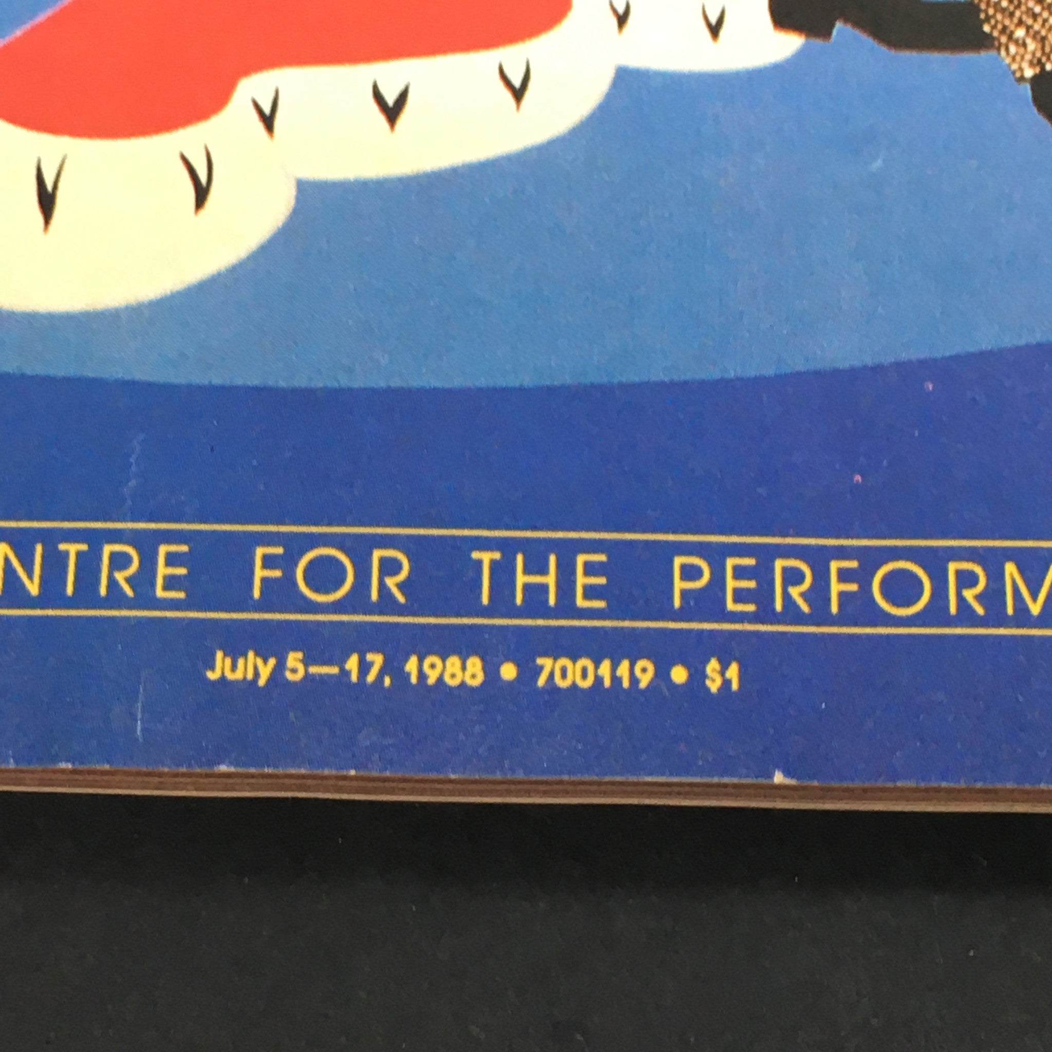 Close-up of the June 1988 issue of VTG Performance Theatre Magazine featuring the dates July 5-17 1988, associated with the production 'Me and My Girl'.
