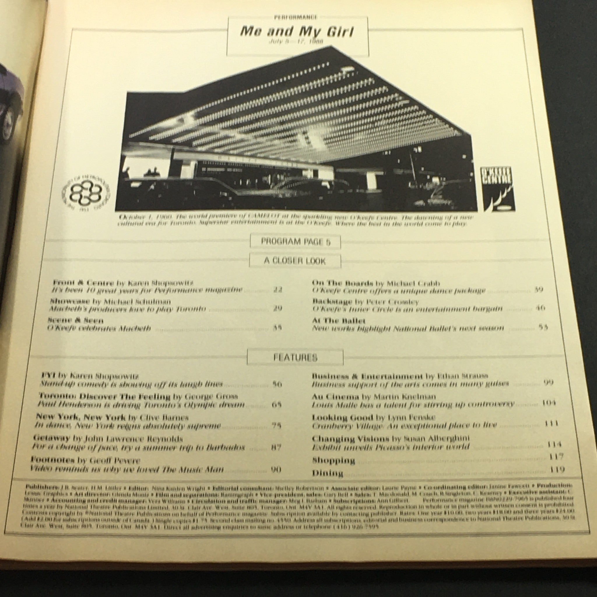 Interior page of the July 5-17 1988 issue of VTG Performance Theatre Magazine showing the program details for the 'Me and My Girl' performance.