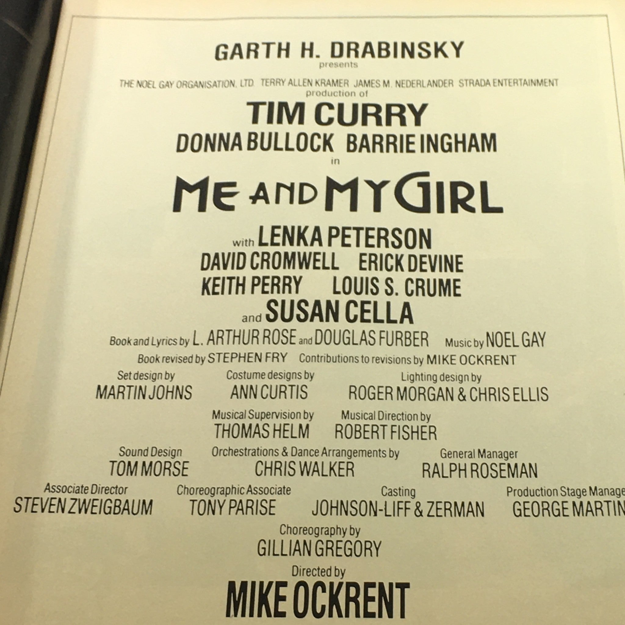 Page highlighting the cast and crew of the 'Me and My Girl' performance in the July 5-17 1988 edition of VTG Performance Theatre Magazine.