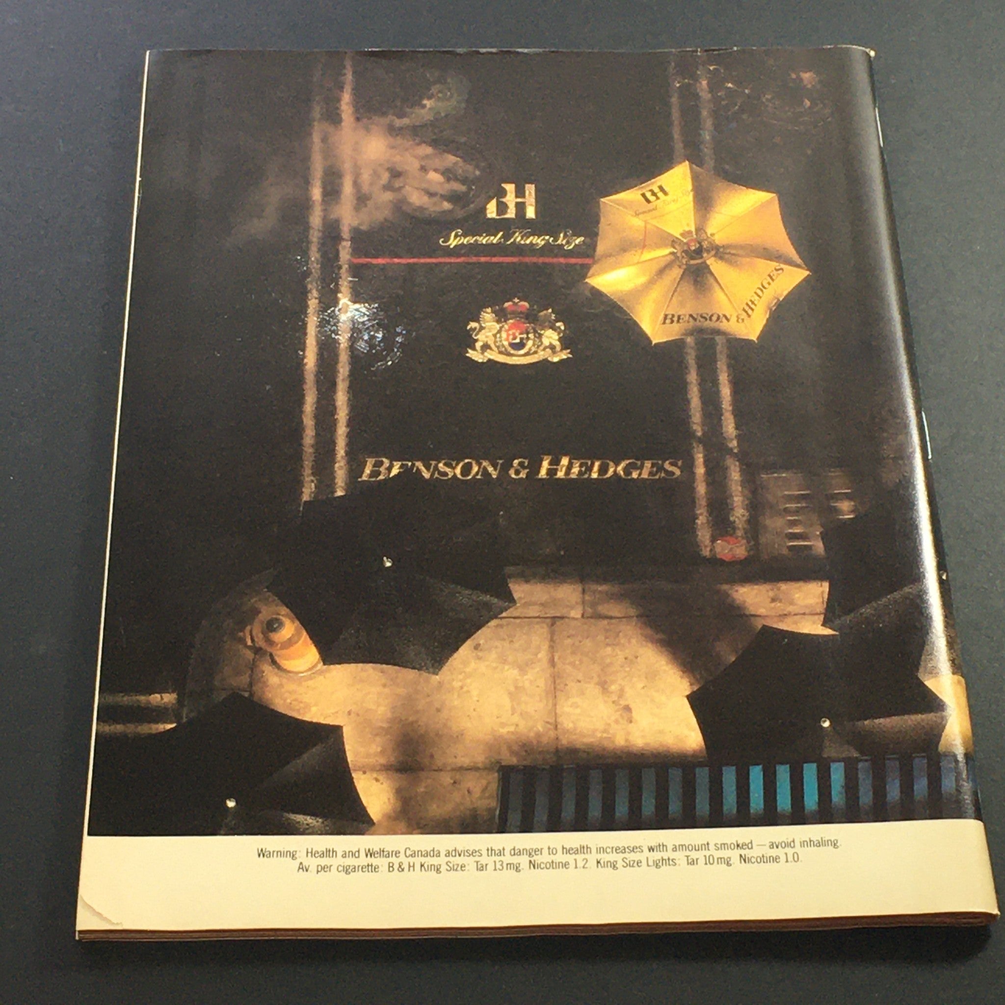 Back cover of the July 5-17 1988 VTG Performance Theatre Magazine featuring an advertisement for Benson & Hedges cigarettes.