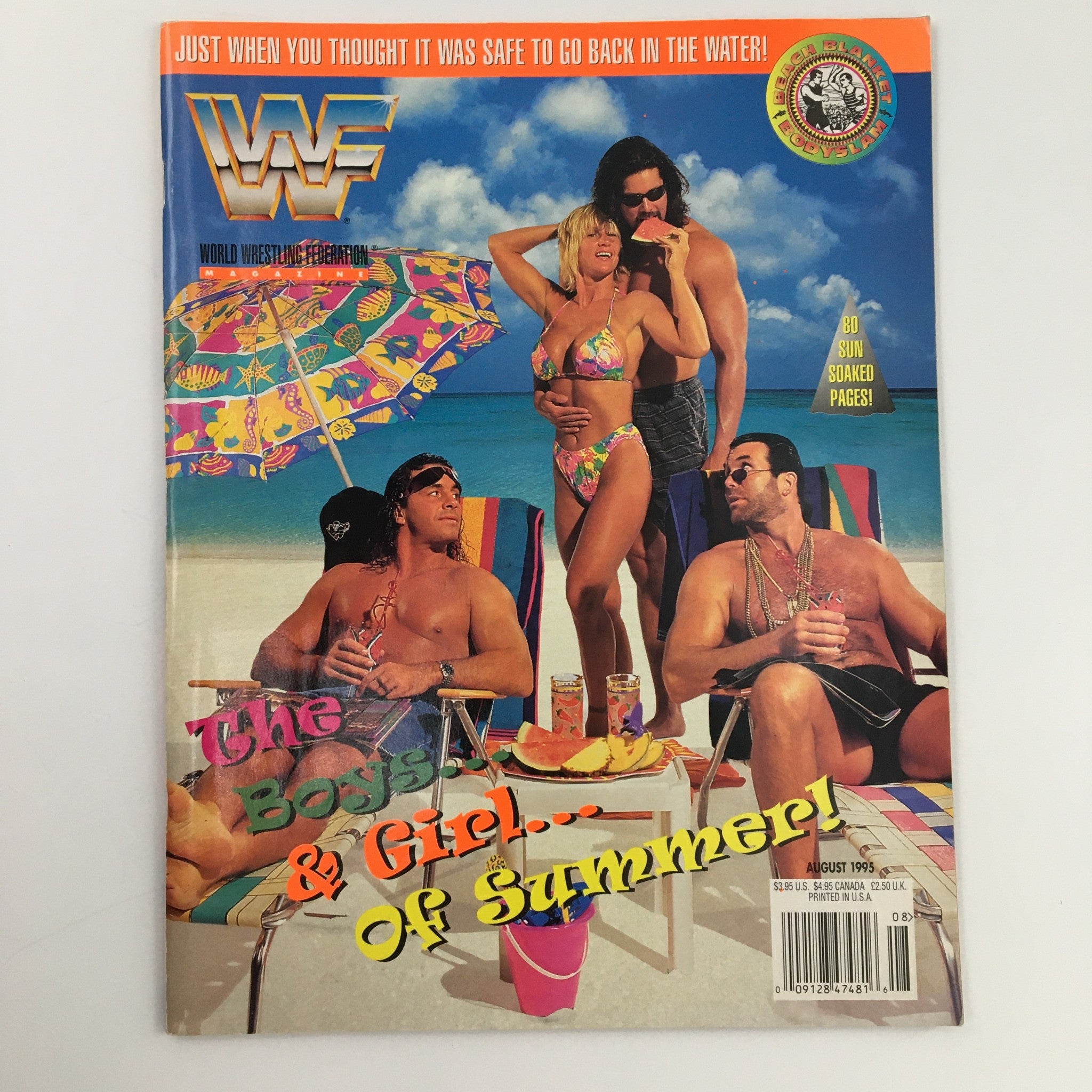 WWF Magazine August 1995 featuring Alundra Blayze and Heidi Lee Morgan, showcasing wrestlers on the beach, capturing the essence of summer with vibrant colors and playful poses.