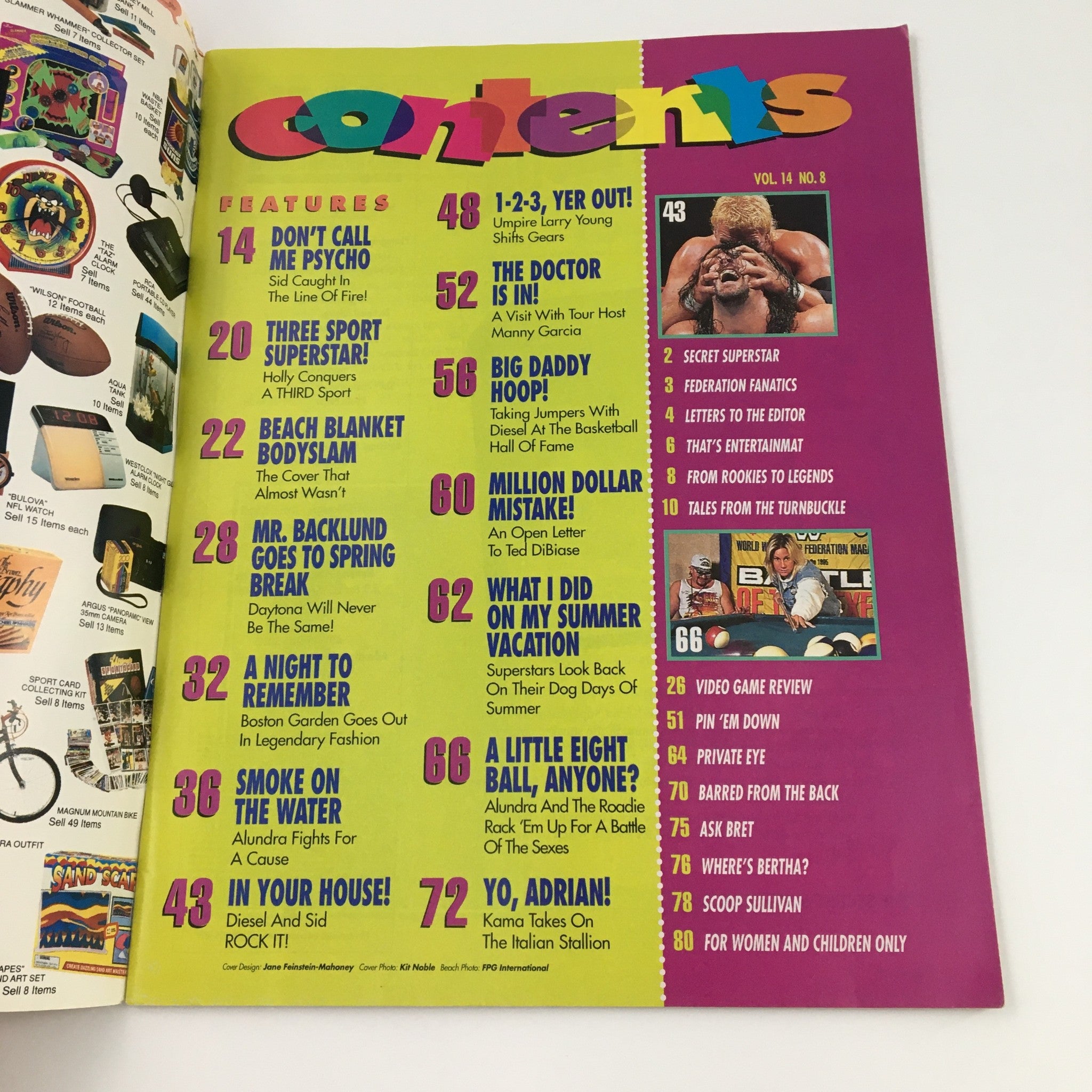 WWF Magazine August 1995 Contents page featuring articles and highlights including Alundra Blayze and Heidi Lee Morgan.