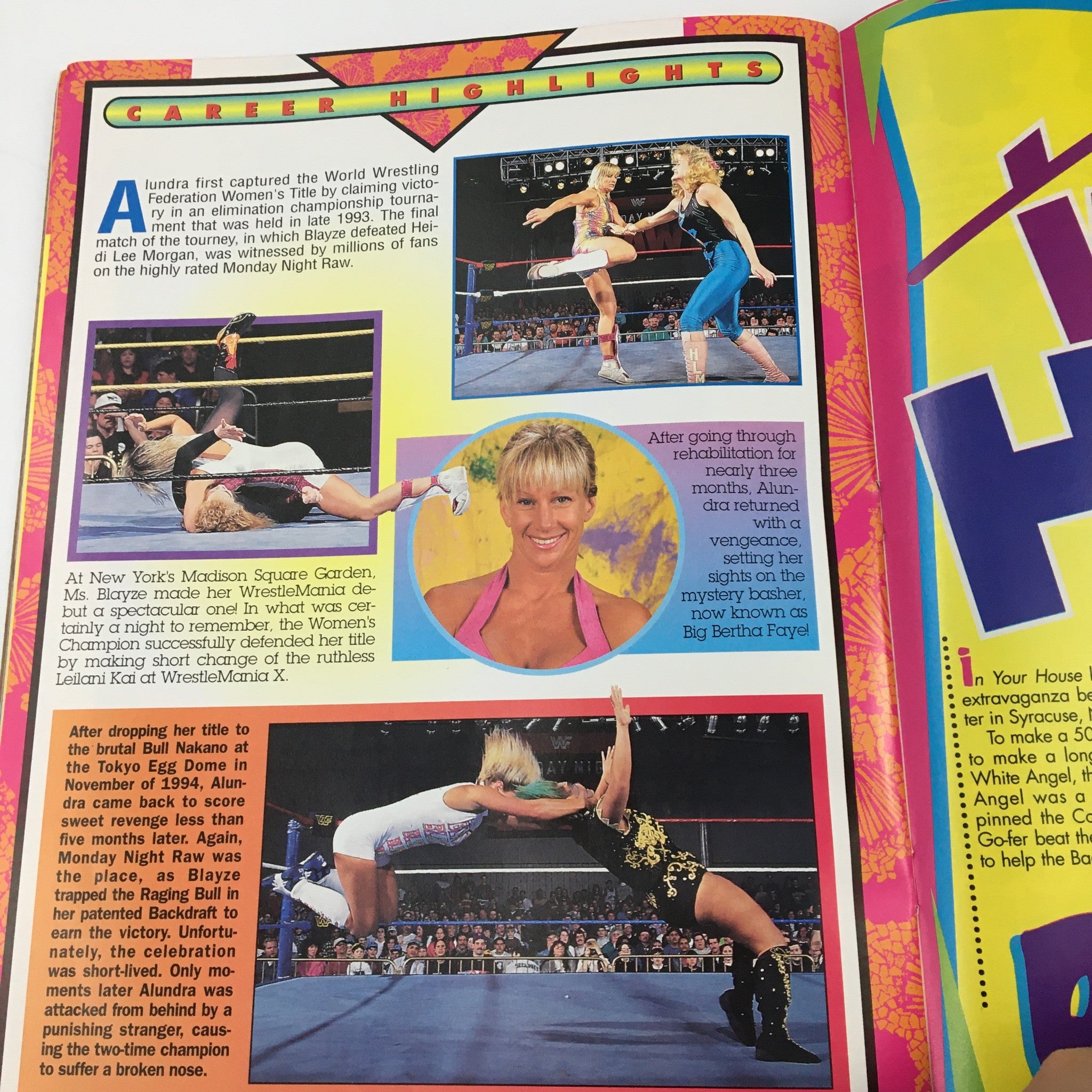 WWF Magazine August 1995 featuring a page on Alundra Blayze's career highlights and significant match moments.