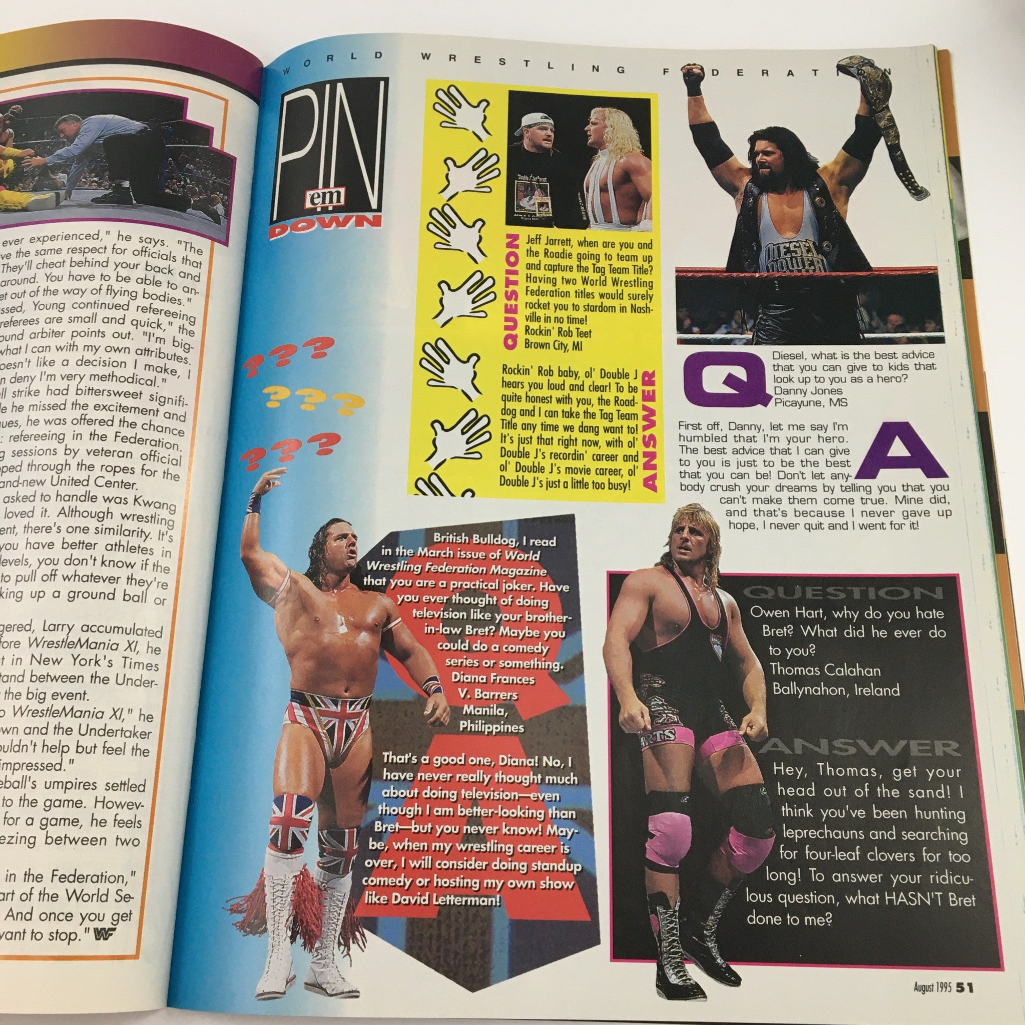 WWF Magazine August 1995 Q&A page with wrestling personalities including interactions about the wrestling industry.