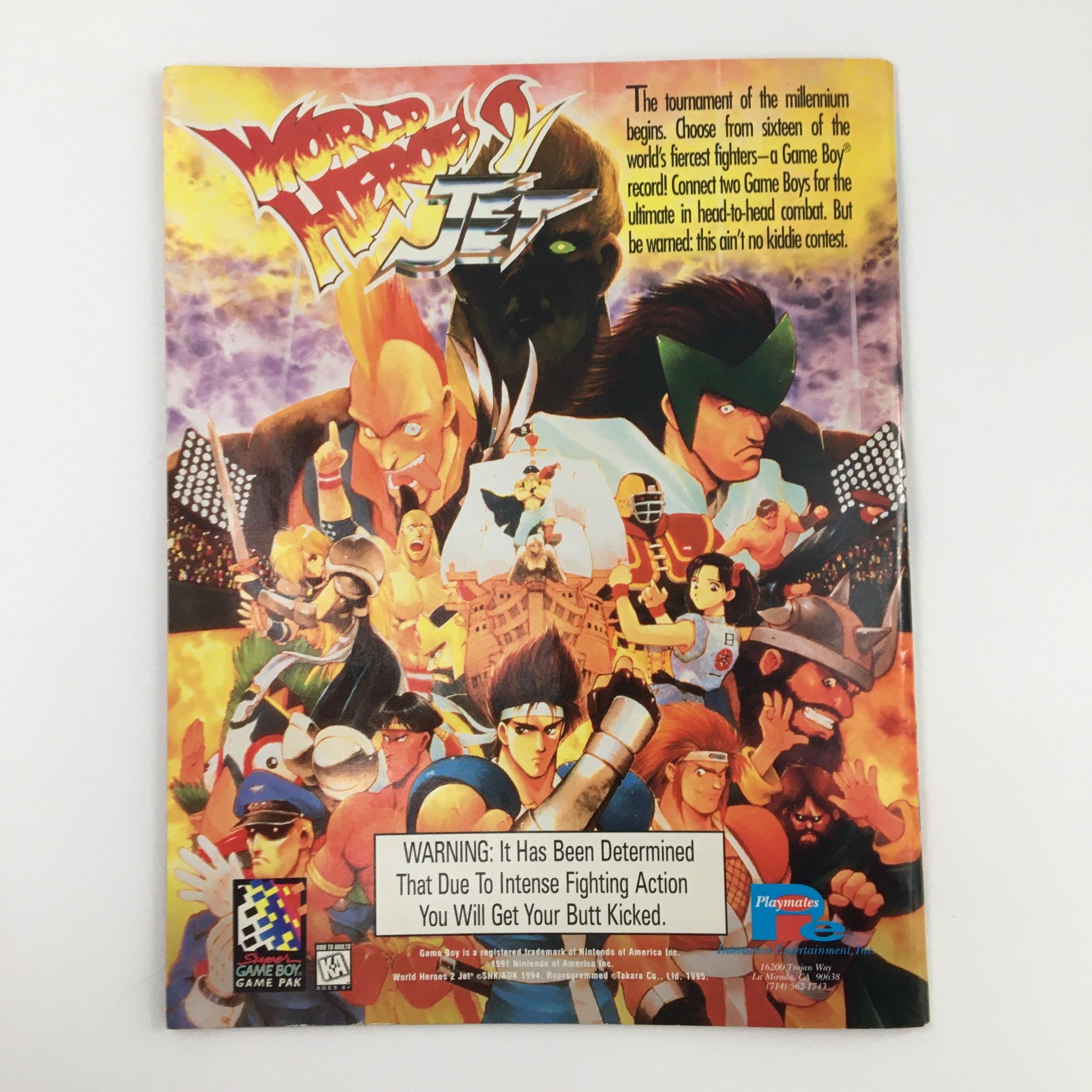 WWF Magazine August 1995 back cover showcasing the game 'World Heroes 2 Jet' and its fierce fighters.
