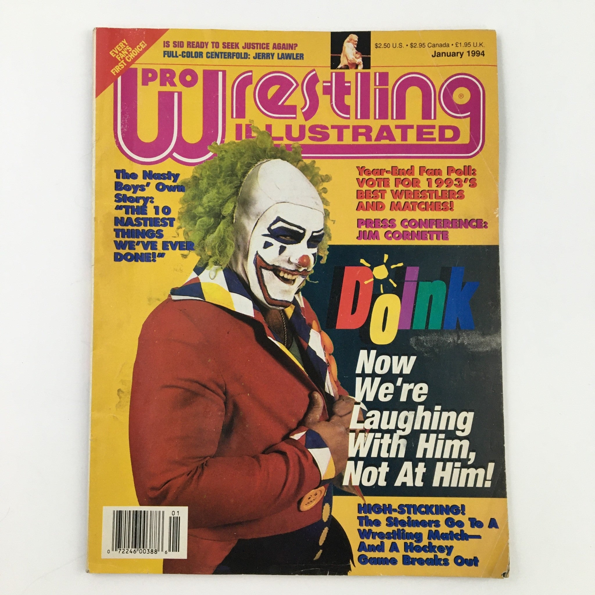 Pro Wrestling Illustrated Magazine January 1994 featuring Doink the Clown on the cover, showcasing vibrant colors and bold headlines about wrestling news and fan polls.