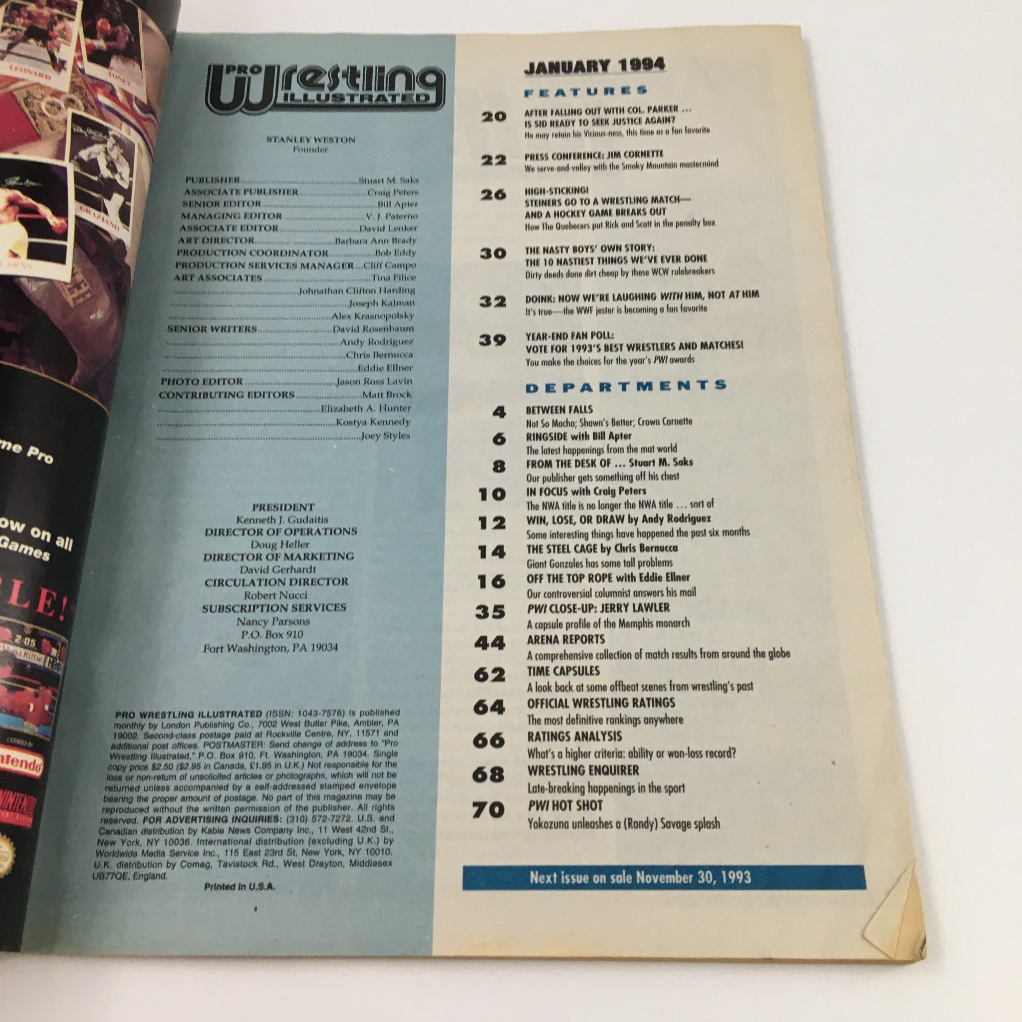 Table of contents from Pro Wrestling Illustrated Magazine January 1994, listing articles and features about wrestlers and wrestling events.