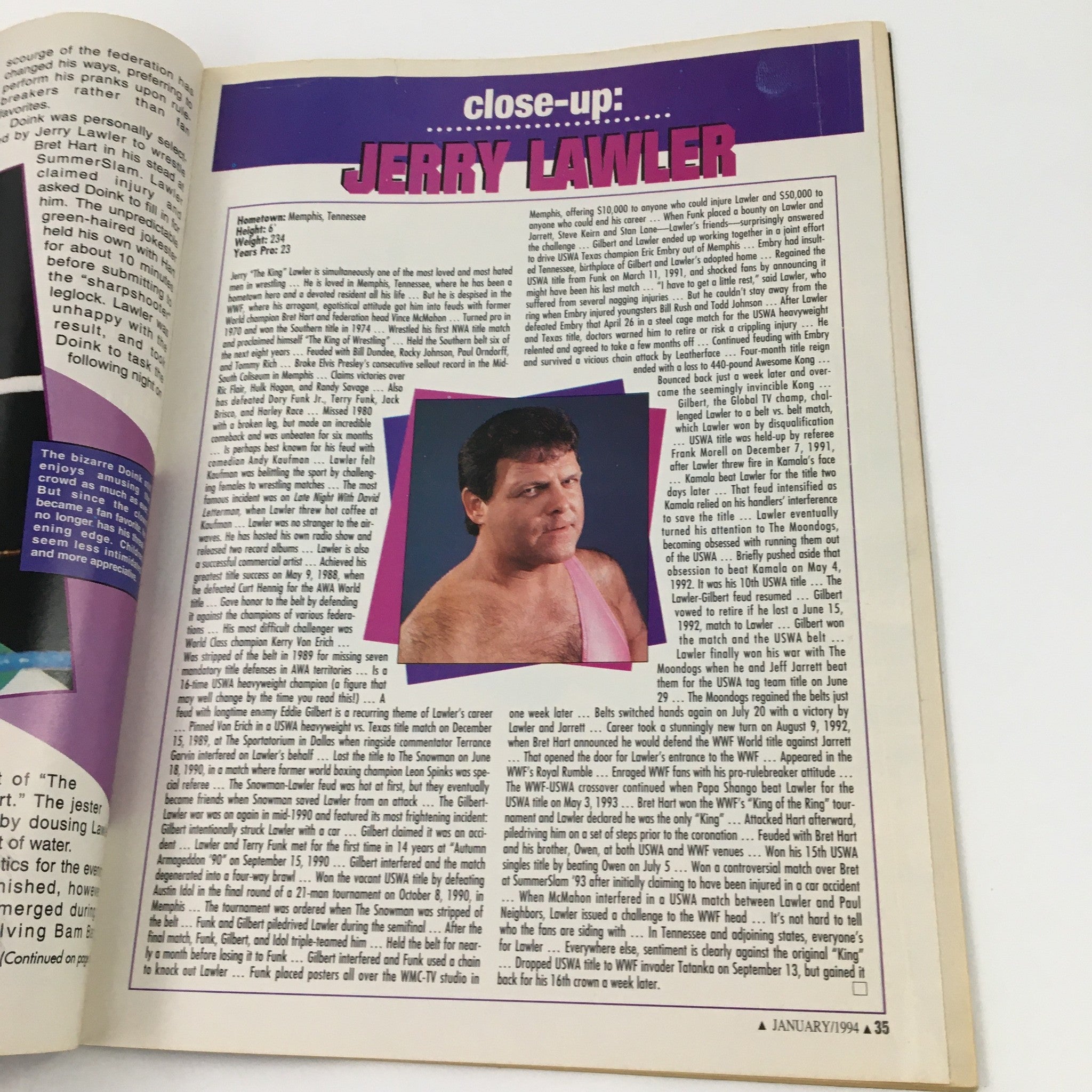 Feature article close-up in Pro Wrestling Illustrated Magazine January 1994 focusing on wrestler Jerry Lawler.