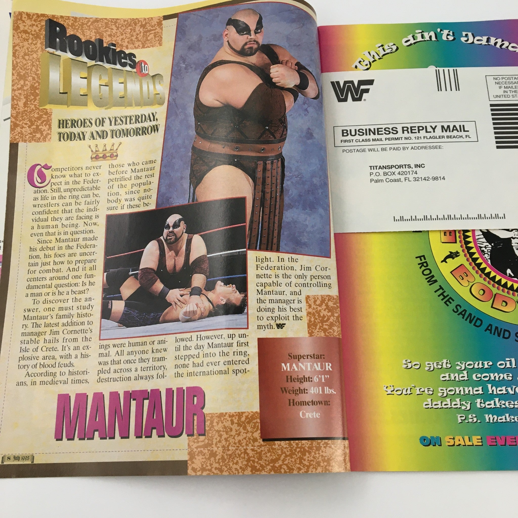 WWF Magazine July 1995 Mantaur, Jim Cornette, Owen Hart, No Label w Poster