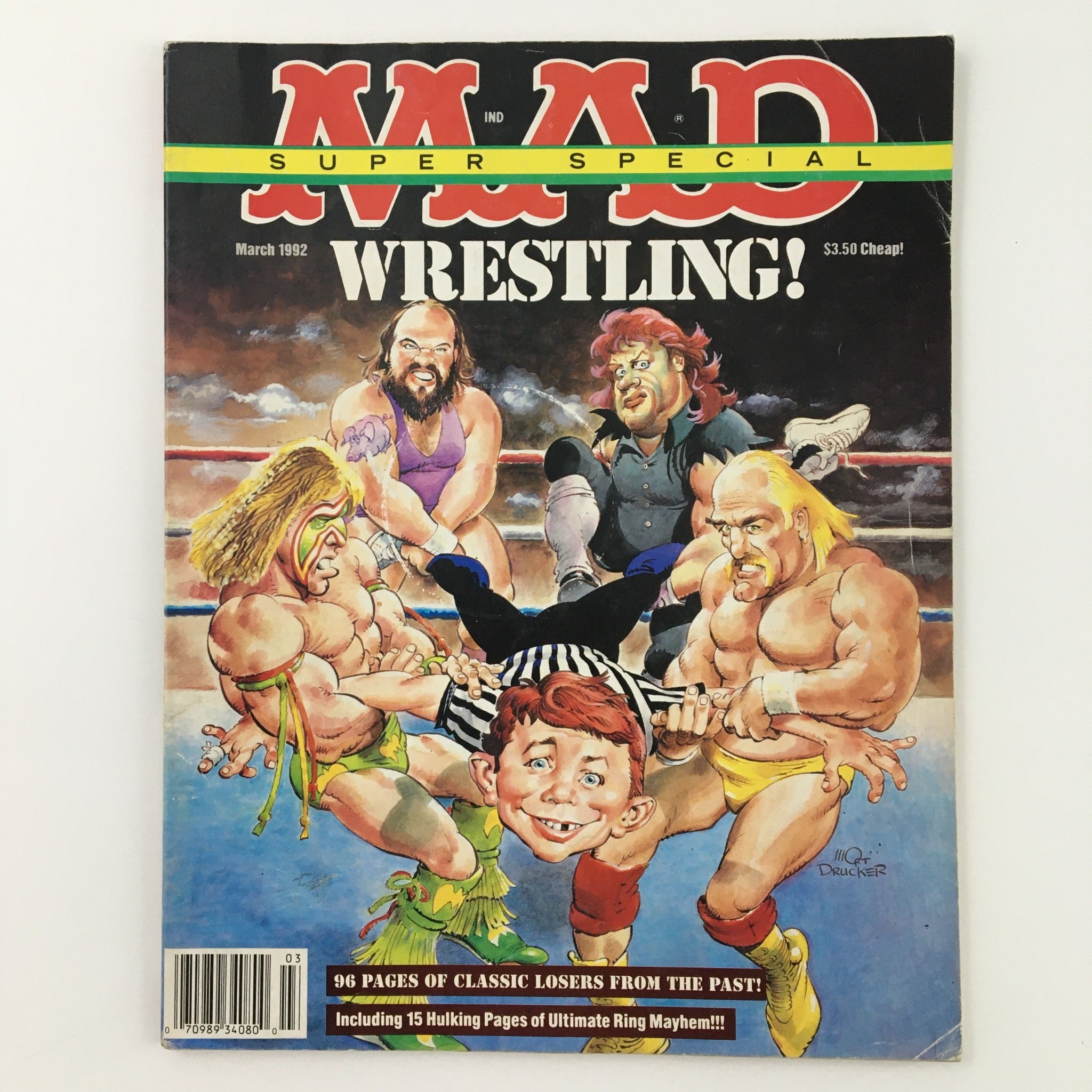 Cover of Mad Magazine March 1992 No. 80 Super Special Wrestling featuring cartoon wrestlers and a referee, showcasing vibrant artwork.