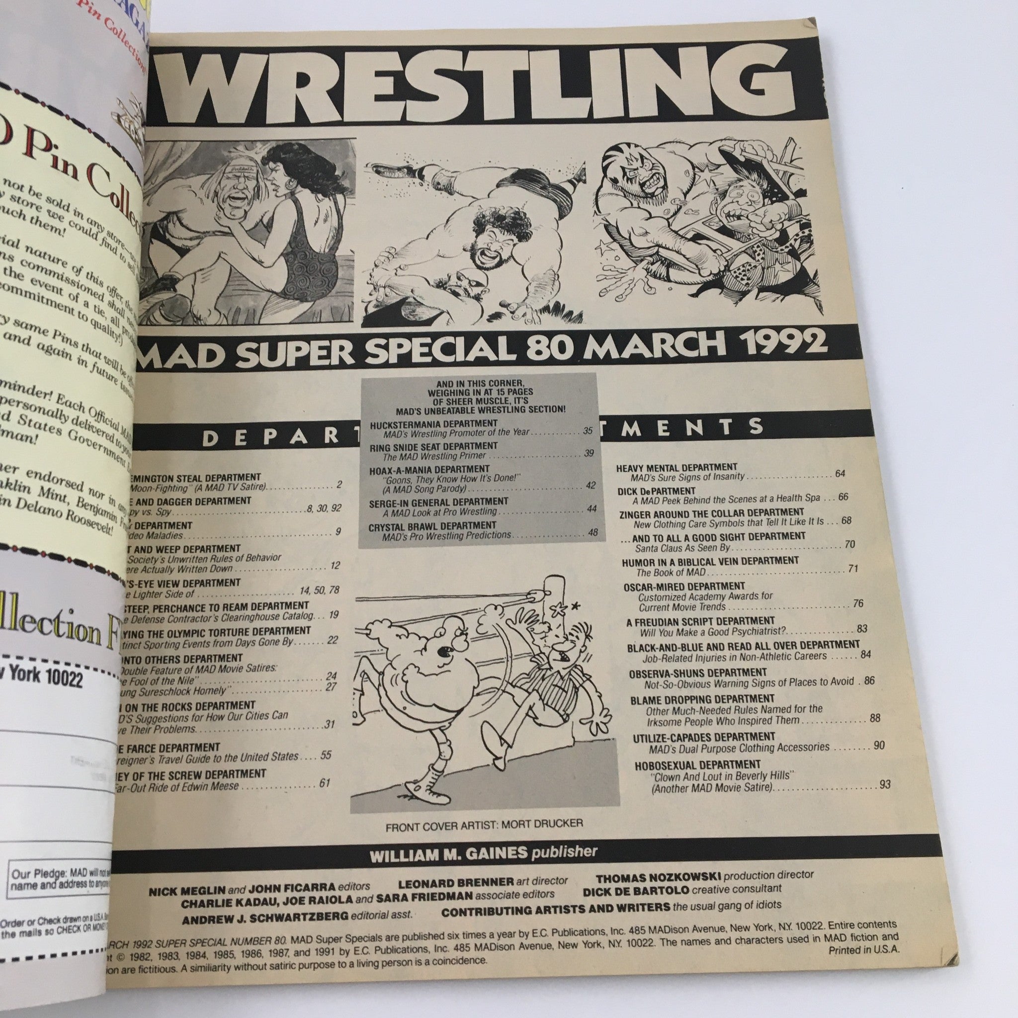 Interior page of Mad Magazine March 1992 No. 80 Super Special Wrestling displaying a table of contents with various wrestling-themed sections.