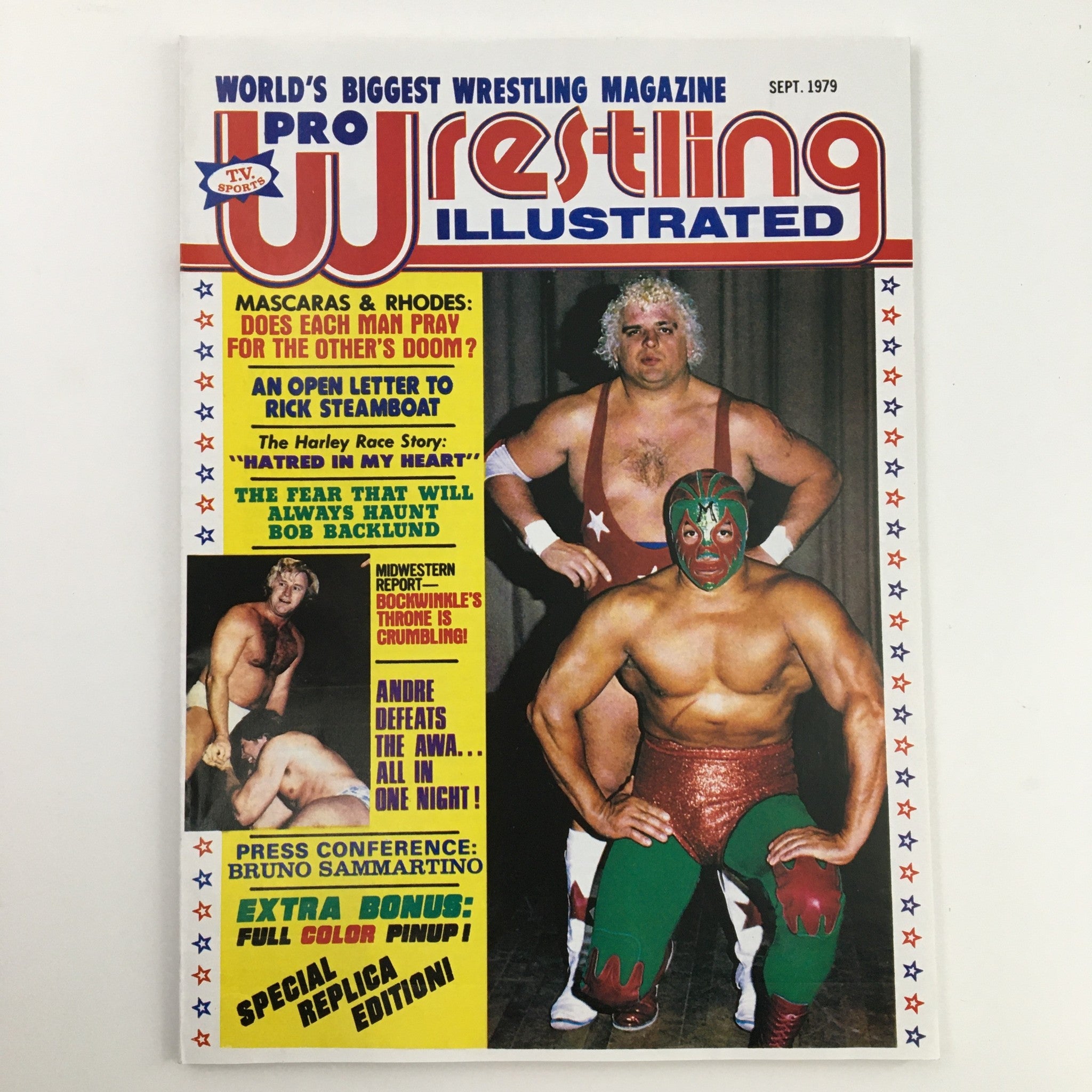 Pro Wrestling Illustrated September 1979 cover featuring Mascaras and Dusty Rhodes, with headlines about wrestling events and articles included in the magazine.
