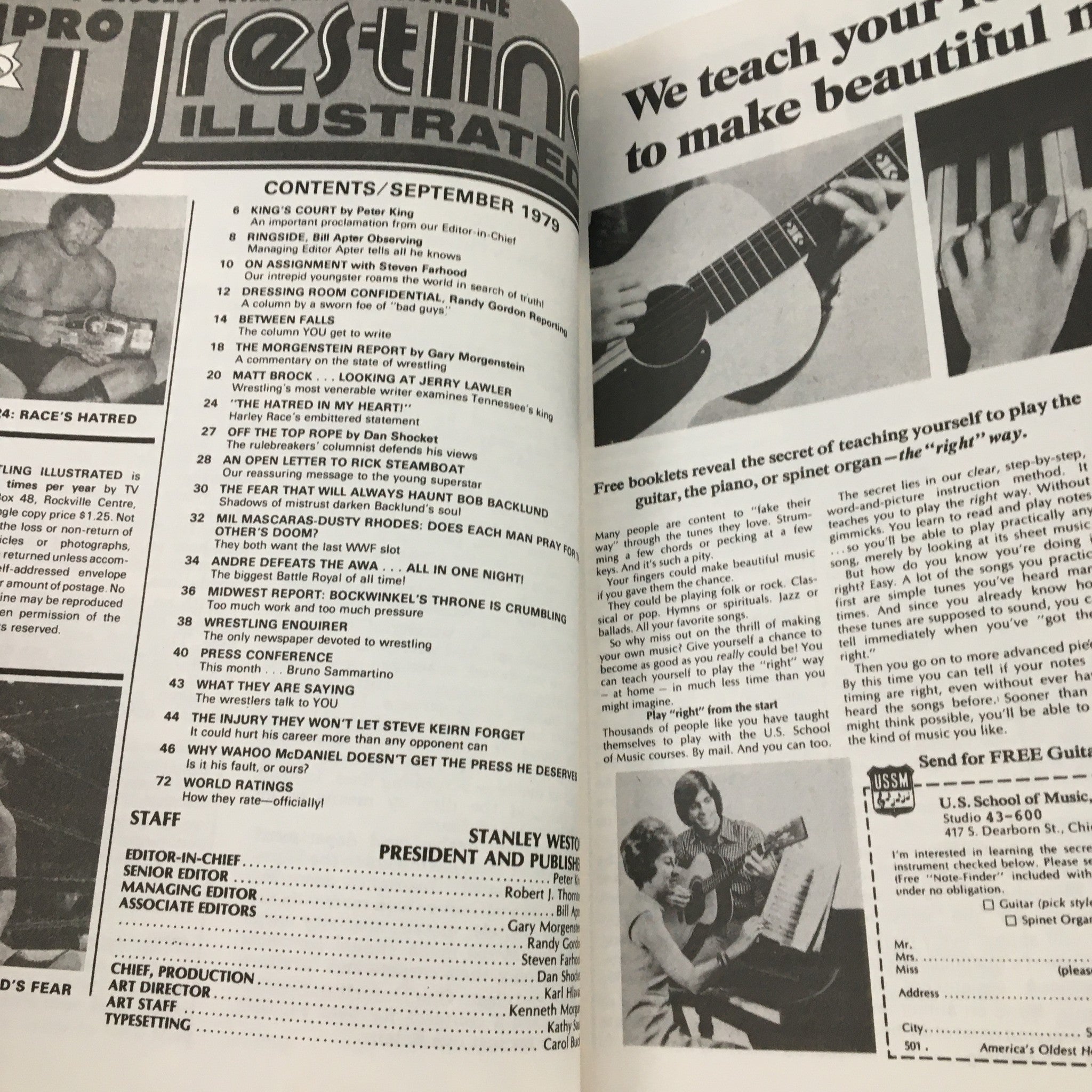 Inside page of Pro Wrestling Illustrated September 1979 showing the table of contents and features various wrestling articles and reports.