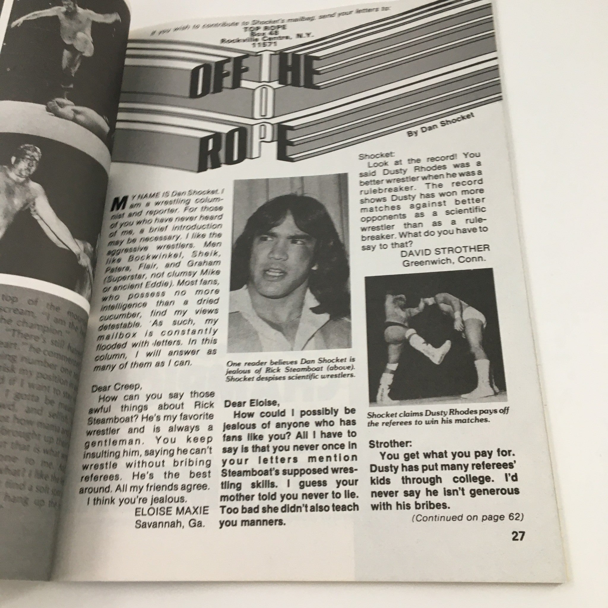 Page from Pro Wrestling Illustrated September 1979 featuring Dan Shocket's article 'Off The Ropes,' discussing wrestling opinions and reader letters.