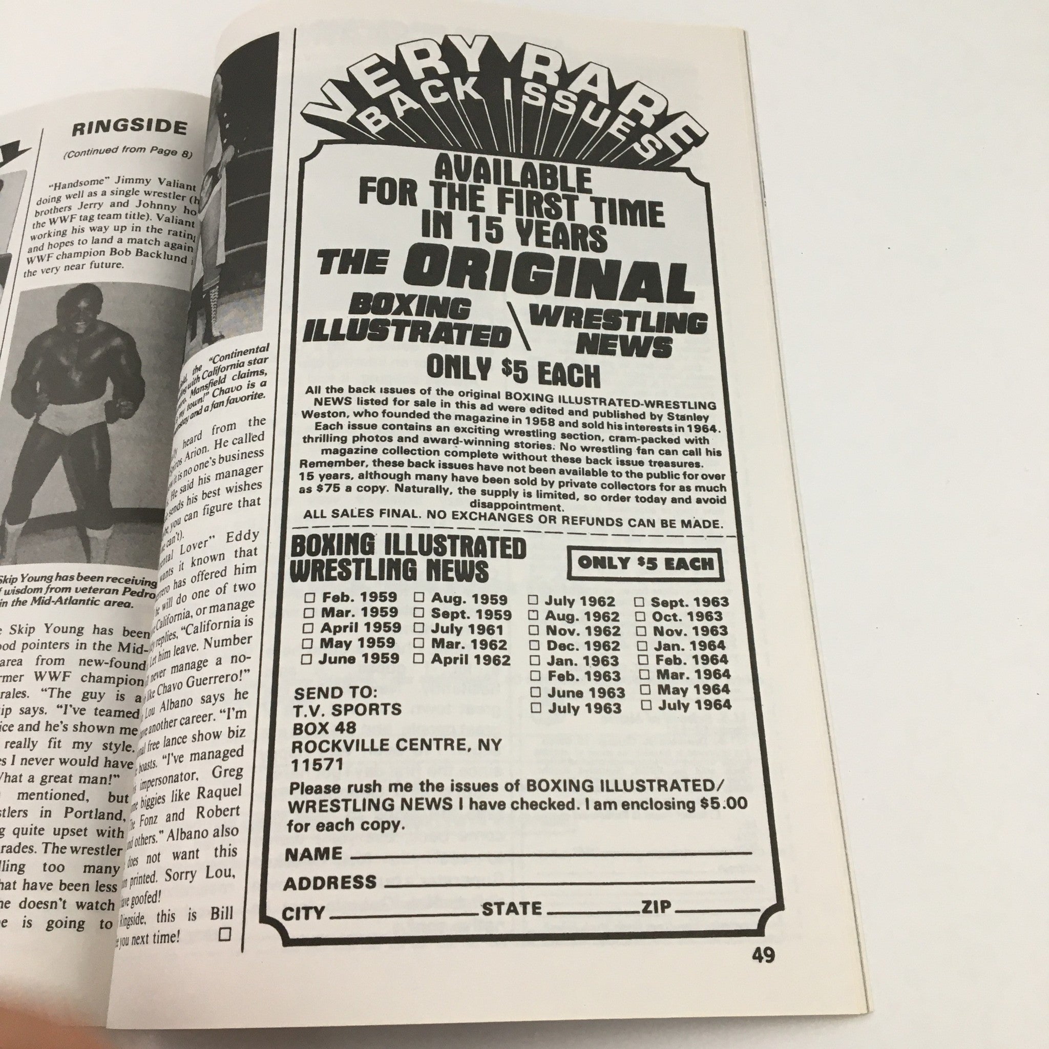 Inside page of Pro Wrestling Illustrated September 1979 featuring an advertisement for rare back issues of Boxing Illustrated Wrestling News, showcasing wrestling memorabilia. Title: Pro Wrestling Illustrated September 1979 Mascaras & Dusty Rhodes VG.
