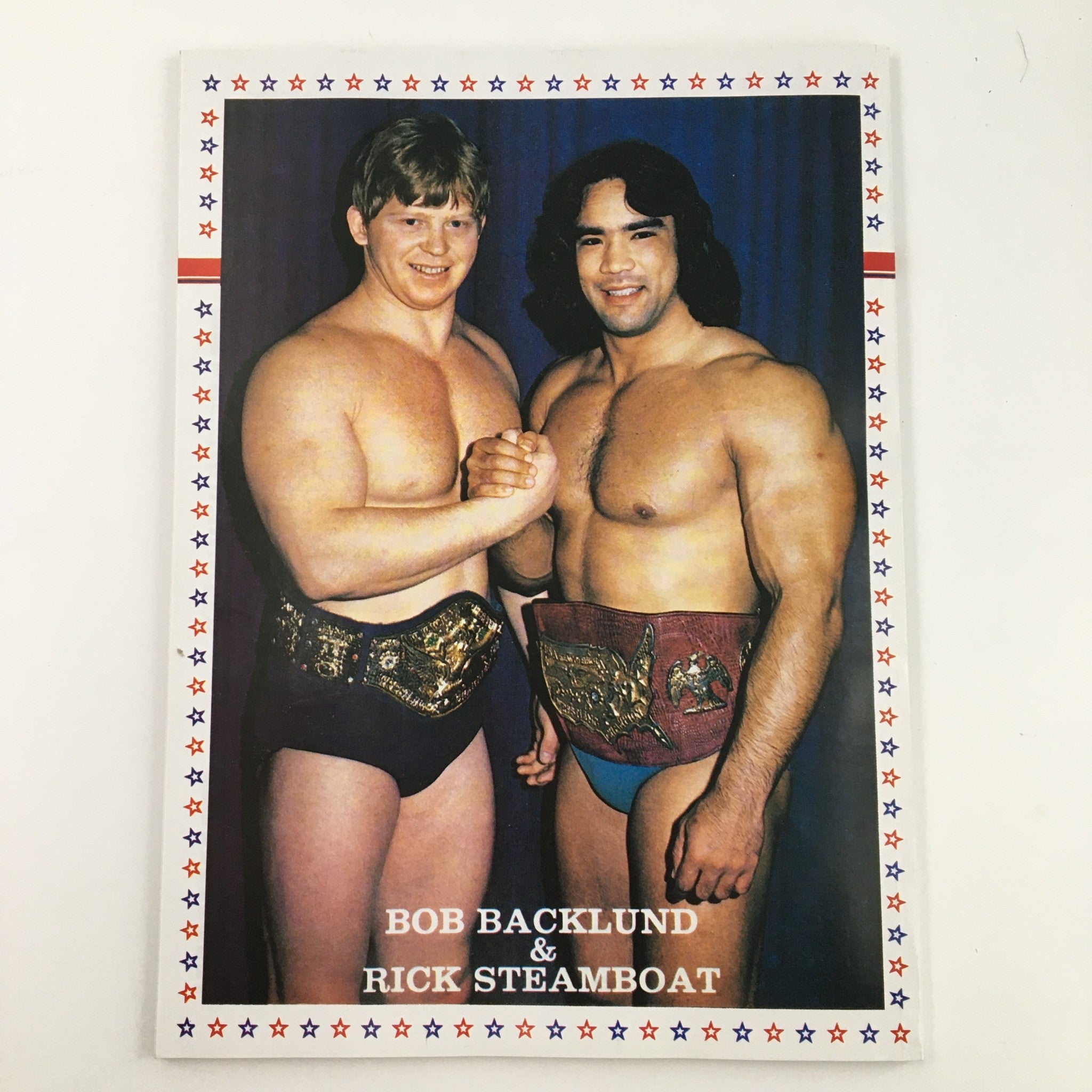 Cover photo of wrestlers Bob Backlund and Rick Steamboat posing together with championship belts, symbolizing wrestling success. Title: Pro Wrestling Illustrated September 1979 Mascaras & Dusty Rhodes VG.