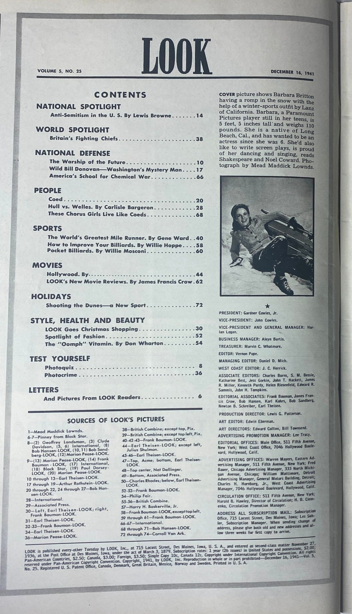 Look Magazine December 16, 1941 cover featuring Barbara Britton, showcasing a vibrant winter scene with the teen star modeling a Lanz of California snow outfit.