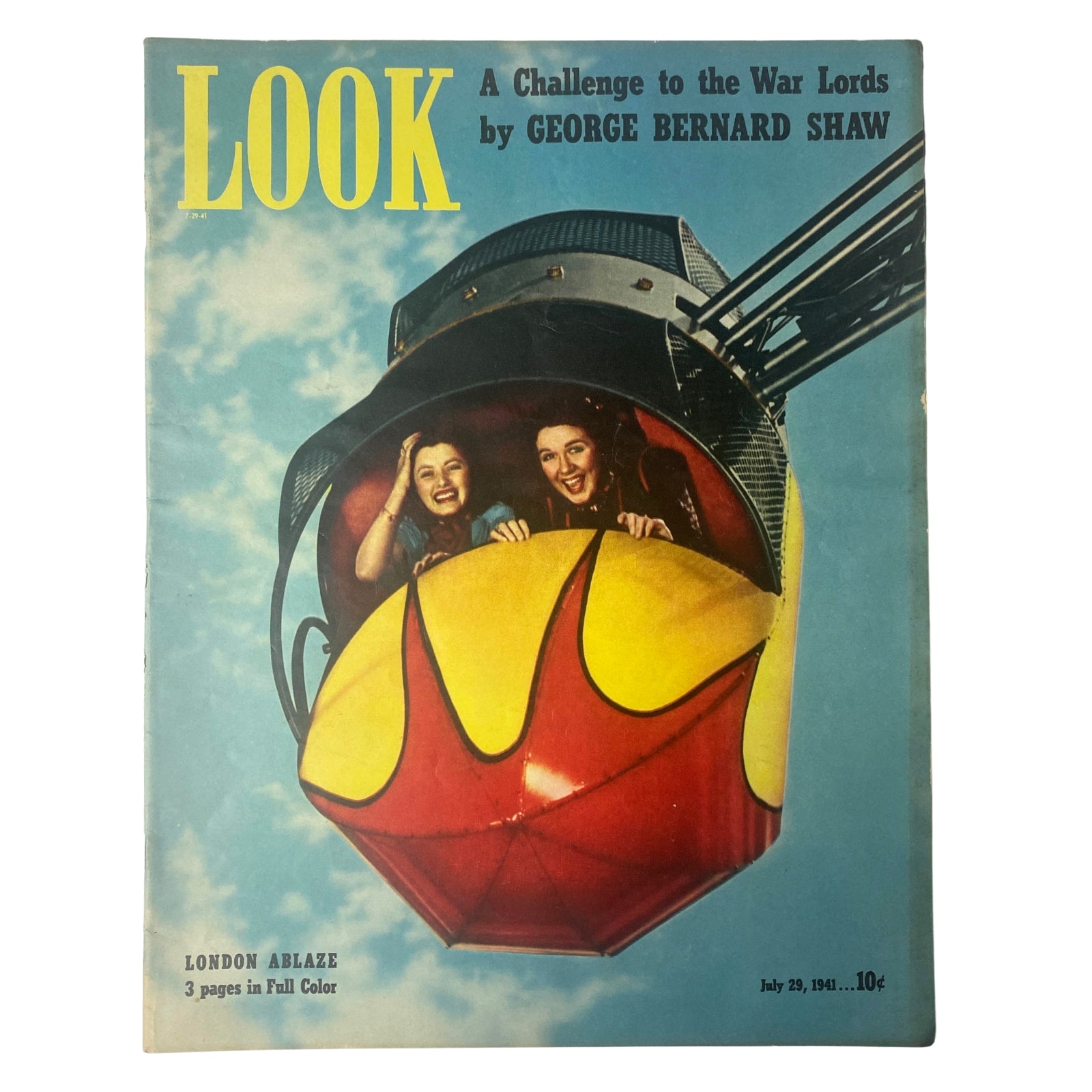 Look Magazine cover from July 29, 1941 featuring Ann Rush and Judy O'Brien enjoying a ride on a Loop-a-Plane at Playland amusement park, illustrated with vibrant summer colors and a playful theme.