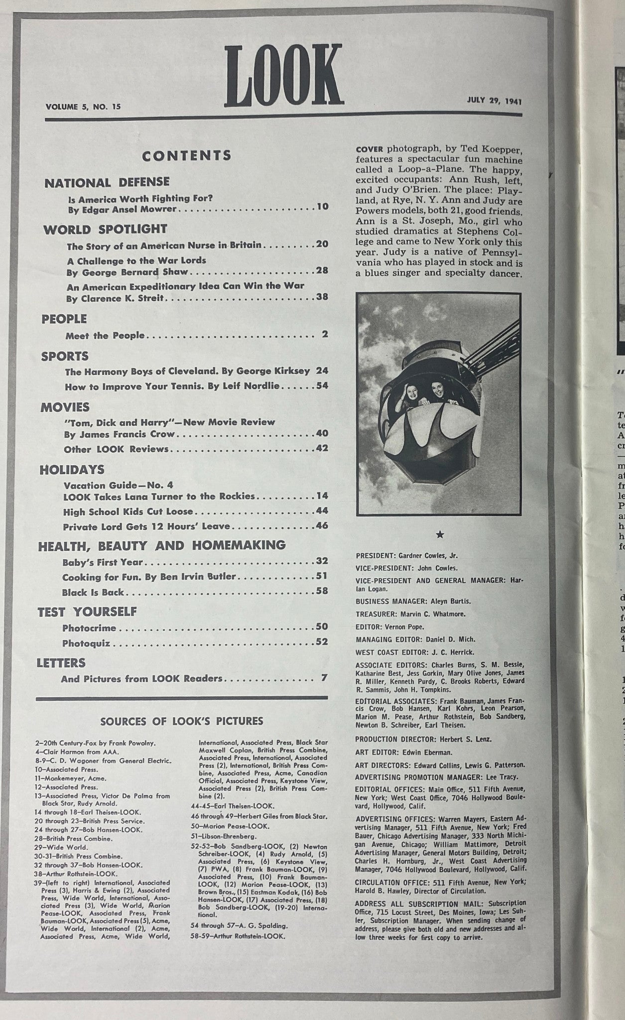 Look Magazine July 29, 1941 Ann Rush and Judy O'Brien Cover No Label